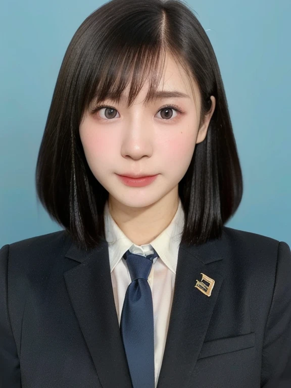 (kawaii 24 year-old Japanese girl, Nogizaka idol, Korean idol), (glossy black hair, short bob, even and symmetric hair design:1.3), (deep black eyes, rounded face, single eyelid, no makeup, serious expression:1.2), (wearing suit jacket, collared shirt, necktie:1.3), (extra small breasts:0.9), (facing straight at camera:1.2), BREAK, (simple blue background, yearbook background:1.3), (portrait, id photo, bust shot, view from straight forward:1.3), (keep enough top margin to avoid the head cropped:1.3), BREAK, (masterpiece, best quality, photo realistic, official art:1.4), (UHD, 8K quality wallpaper, high resolution, raw photo, golden ratio:1.3), (shiny skin), professional lighting, physically based rendering, award winning, (highly detailed skin, extremely detailed face and eyes), Carl Zeiss 85 mm F/1.4, depth of field, 1girl, solo,