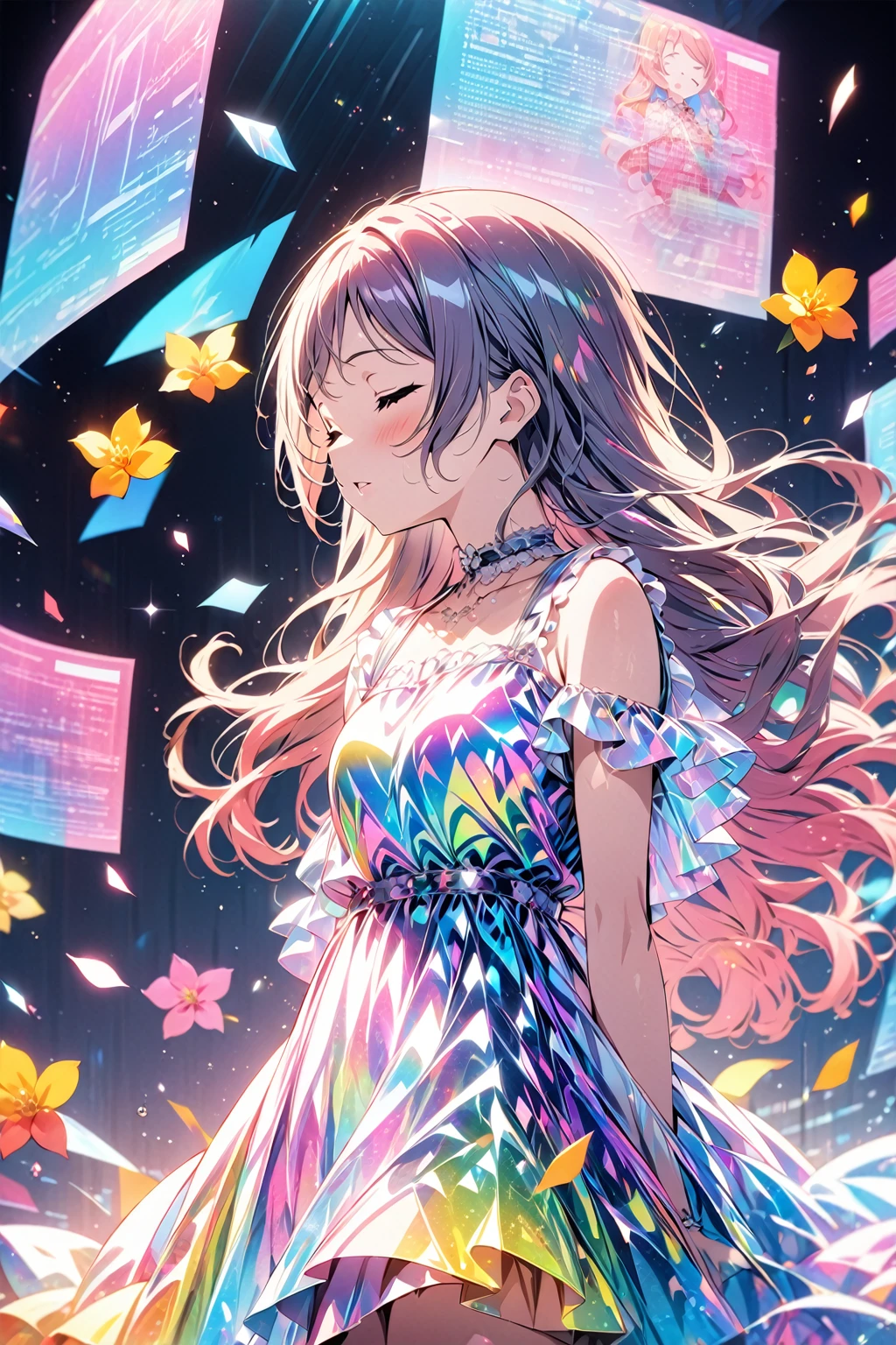 masterpiece, best quality, holographic, 1girl, solo, long hair, closed eyes, parted lips, holographic fabric, flowers, love live!, idolmaster, aikatsu!, 2d illustration, colorful