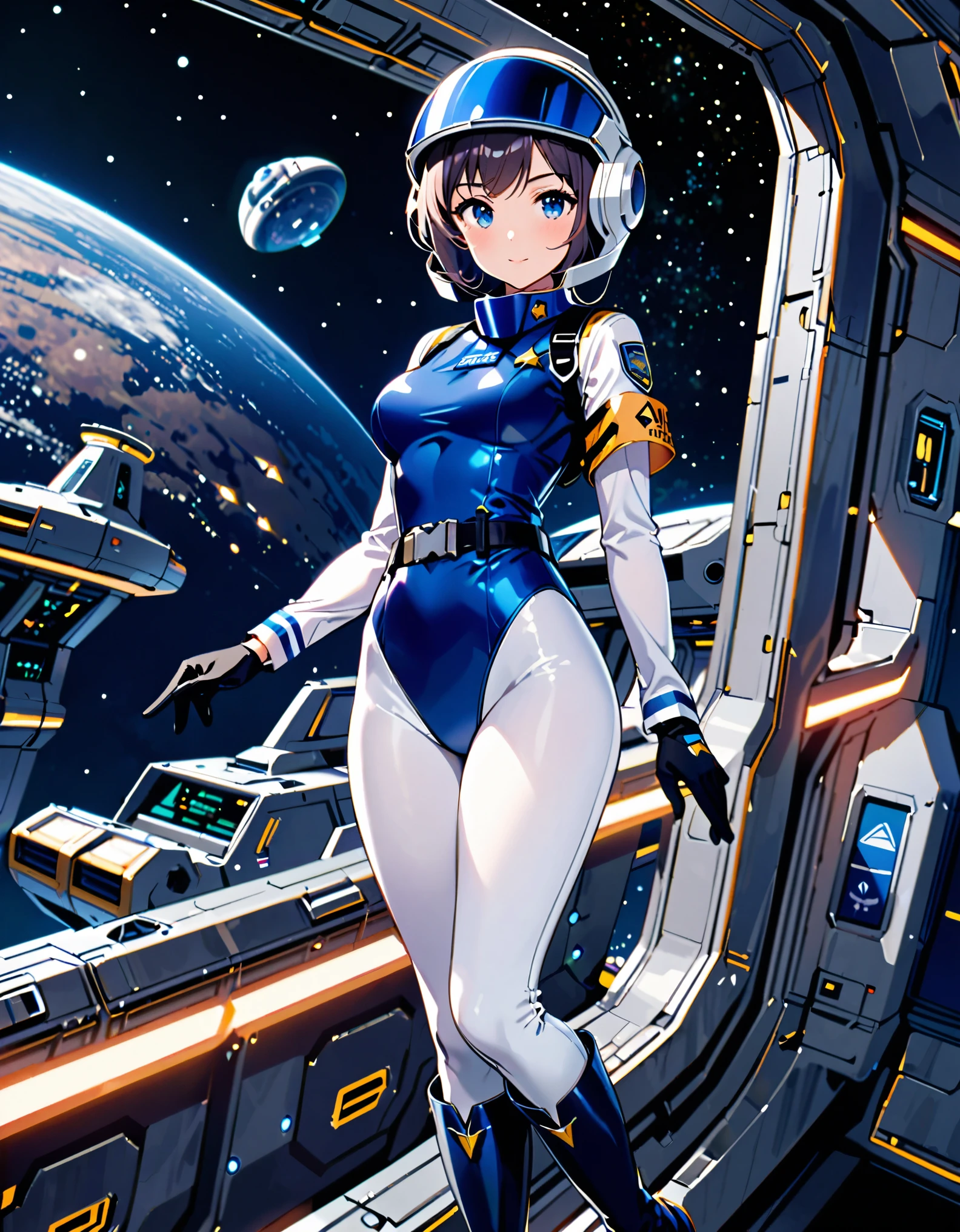 (masterpiece), (best quality), (high res),1girl, tall body, beautiful detailed eyes, beautiful detailed face, cute face, perfect hands, complete fingers, perfect anatomy, perfect proportions, ((hat, dark blue space helmet)), ((leotard, matching leotard, full white leggings)), ((boots, matching boots)), breasts, medium breasts, full gloves, (full body portrait), looking at viewer, solo, solo focus, flying in space, police uniform, cowboy shot, space station backdrop, outdoors, outer space, jetpack, (belt, tight belt), (armbands, white sleeves), full body costume design. 