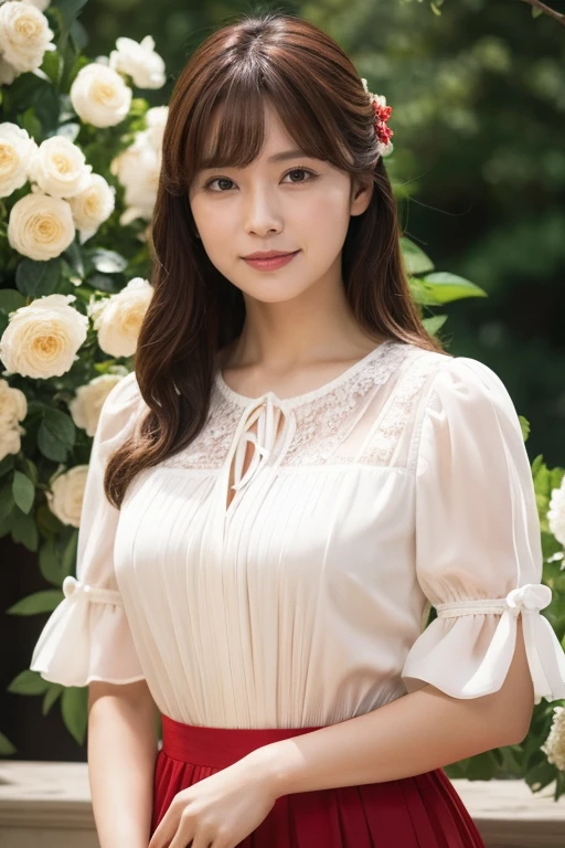 Medium view, medium shot, Depth of bounds written, bust, Upper body, cinematic angle, masterpiece, highest quality, Super detailed, cg, 8k wallpaper, beautiful face, delicate eyes, maiden, alone, smile, bangs, skirt, shirt, have, Crimson dress, bow, petal, bouquet