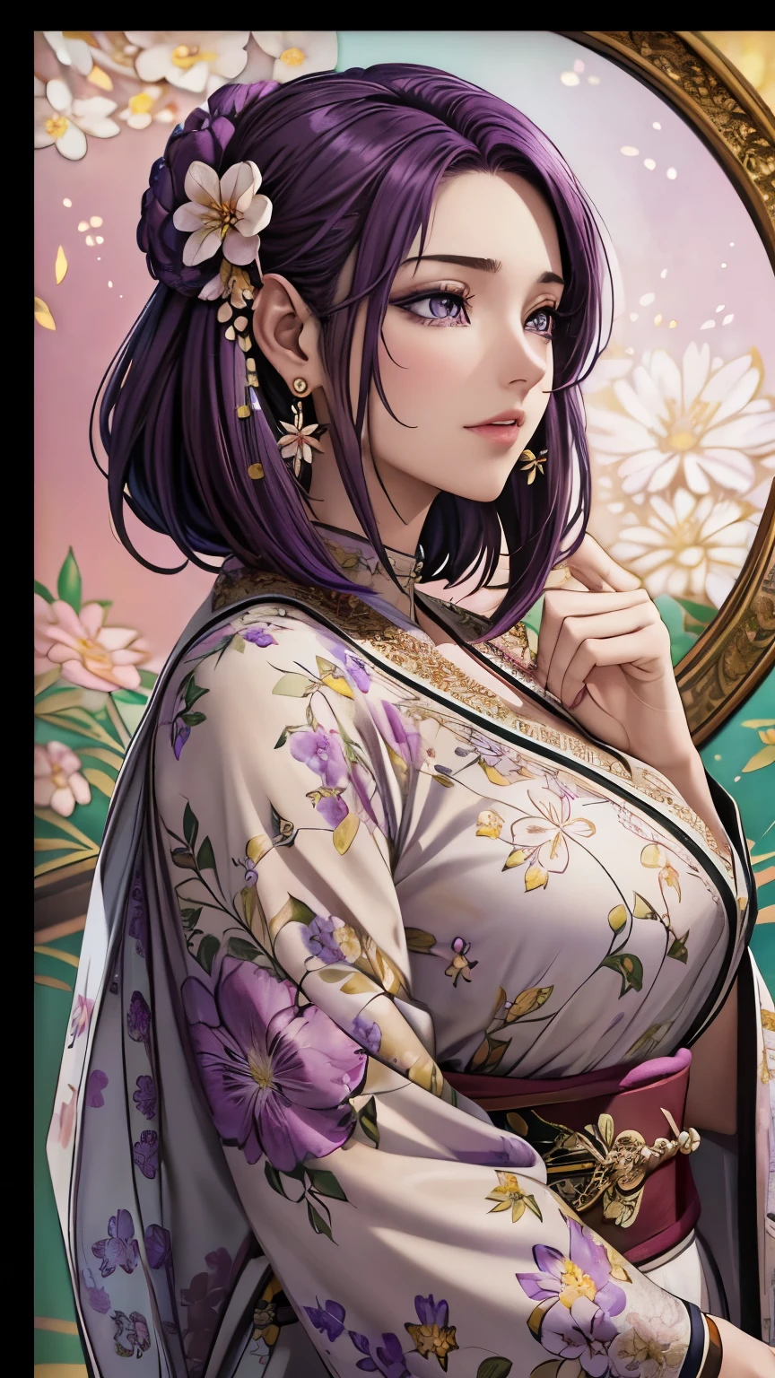 (​masterpiece, top-quality, top-quality, Official art, Beautifully Aesthetic:1.2), purple eyes, (highest quality, masterpiece painting:1.3), immature woman, 16 years old, (half body shot), masterpiece, ultra high resolution, (((Flower frame, A lot of flowers in the frame, round frame, A beautiful girl fits into the frame))), Decorative panel, abstract art, (shot from a side angle), (Photoreal:1.0), ((purple hair)),straight hair, beautiful shining hair, white and shining skin, Painterly, sketch, Texture, 超A high resolution, solo, Beautuful Women, A highly detailed, (Fractal Art:1.1), (colourfull:1.1), (florals:1.6), The most detailed, (Zentangle:1.2), (Dynamic Poses), (Abstract background:1.3), (shinny skin), (Many colors:0.8), (earrings:1.4), (pluma:0.9), Taisho romance