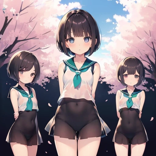 Super détaillé, Meilleure qualité, haute résolution, Anime Moe, ((((Elle porte un transparent, court, uniforme de marin sans manches., Trois jolies filles aux cheveux foncés)))), (visage de bébé), ((gros yeux:1.5, yeux tombants:1.5)), jolis yeux, Regarder vos spectateurs, Peau claire, Concentrez-vous sur le visage, (poitrine plate:1.5), nombril, Dans le parc avec les cerisiers en fleurs qui tombent, bottes hautes jusqu&#39;aux genoux, (Cheveux courts:1.5), (Mettez vos bras derrière votre dos:1.4), légèrement en dessous