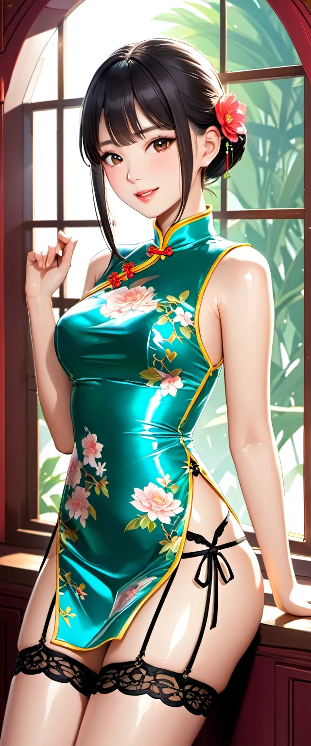 High resolution, adult woman , good lighting, despicable, , (nudity), (((shiny cheongsam))), (()), ((())), (garter belt), abdomen only, (),  ,  cute face, I&#39;m embarrassed and blush, humiliating, ((turn around and look back)), (T-back)(a large amount of  is on the body,)