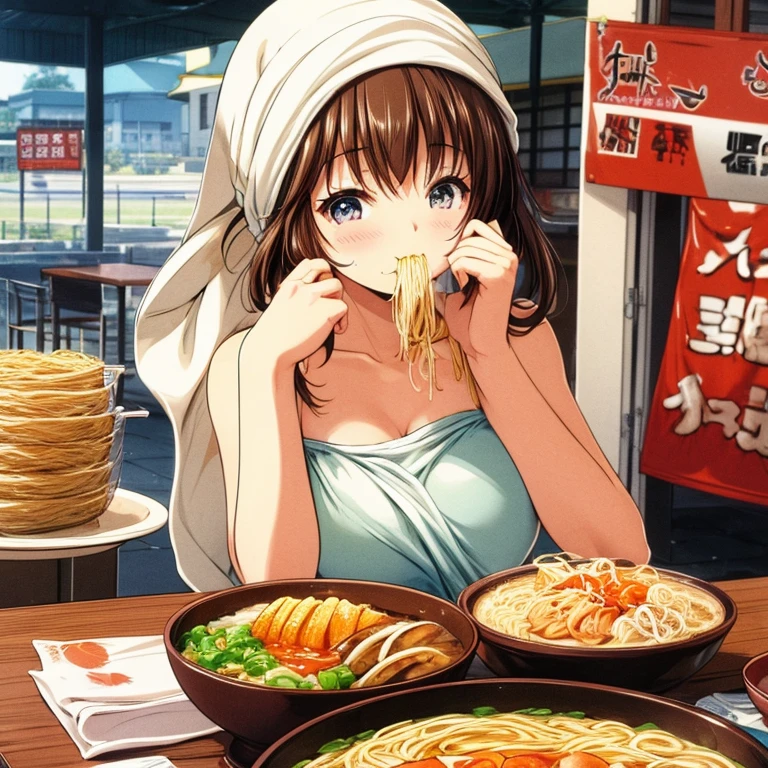 A woman with a towel wrapped around her head eating ramen at a food stall　Tight clothing　highest quality　Huge bowls of ramen lined up on the table　Full Color