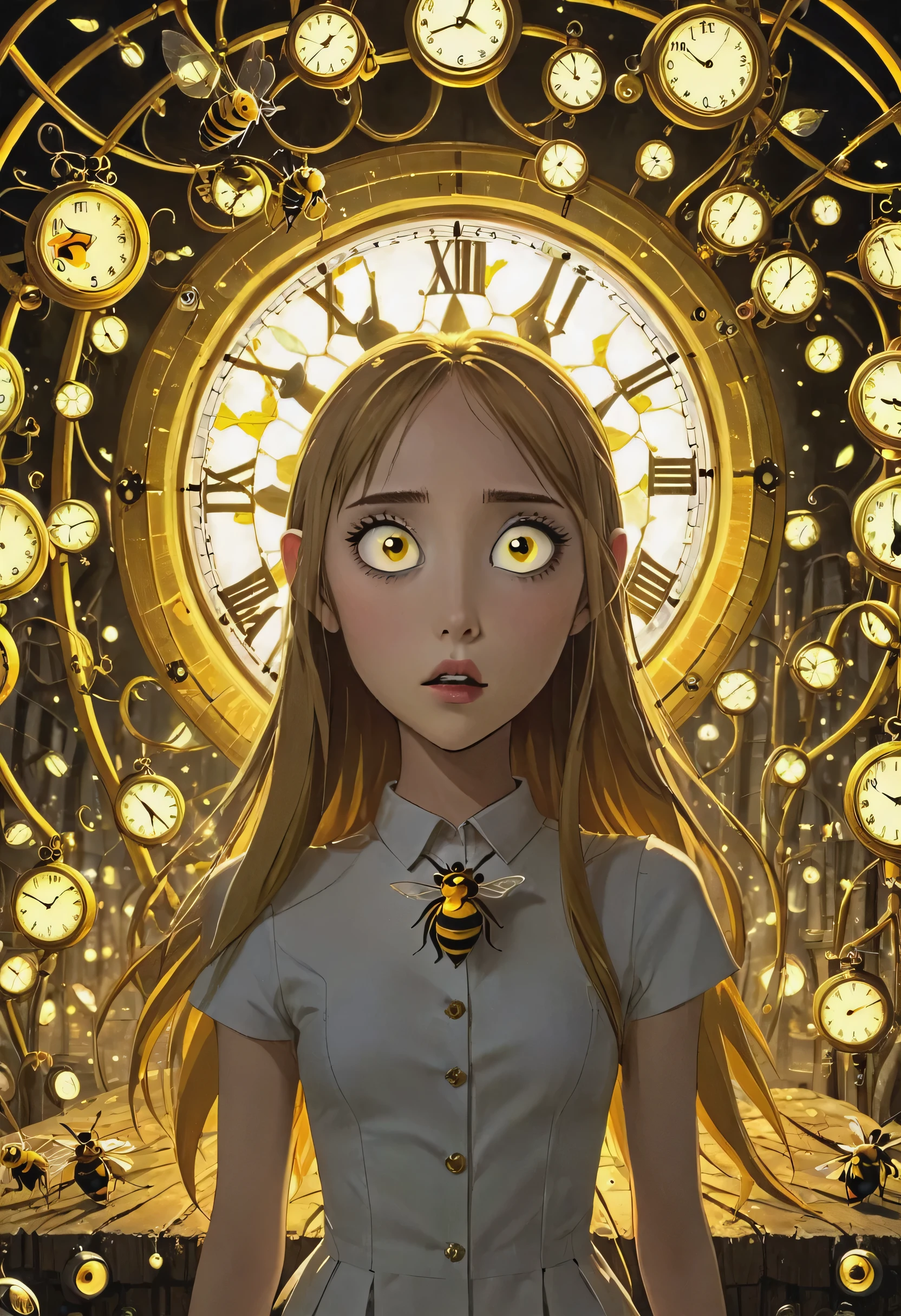 Asuna, With her enormous yellow eyes she looks directly at the viewer with an expression of astonishment when she sees herself surrounded by hundreds of clocks that have an impossible geometry.. Todo con el estilo de Tim Burton, in a kind of surreal dream and with bees with bodies made of electric light bulbs flying through the air.