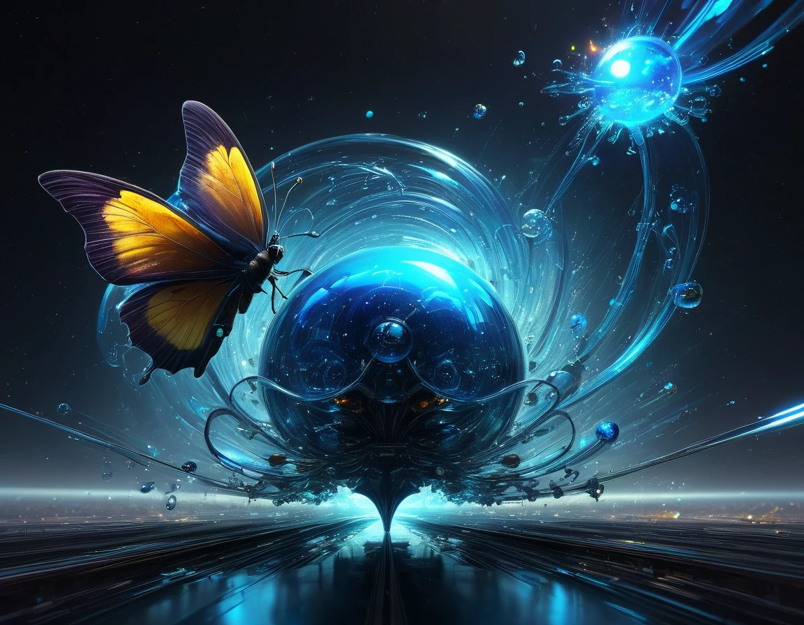 La representación hiperrealista de octanaje de Benedick Bana captura mariposas de cristal azul y objetos convexos entremezclados entre planos fractales con espirales multicolores y reflectores metálicos., Irradiando una luz de color sutil en el estilo de macroóptica inspirado en Miki Asai., espacio exterior con un tema de súper autopista, punto de fuga, sensación de alta velocidad, tendencia en artstation, ultra alta definición, colores vívidos, renderizado digital, pintura digital, influencias de Beeple, Alta resolución, alta calidad, obra maestra