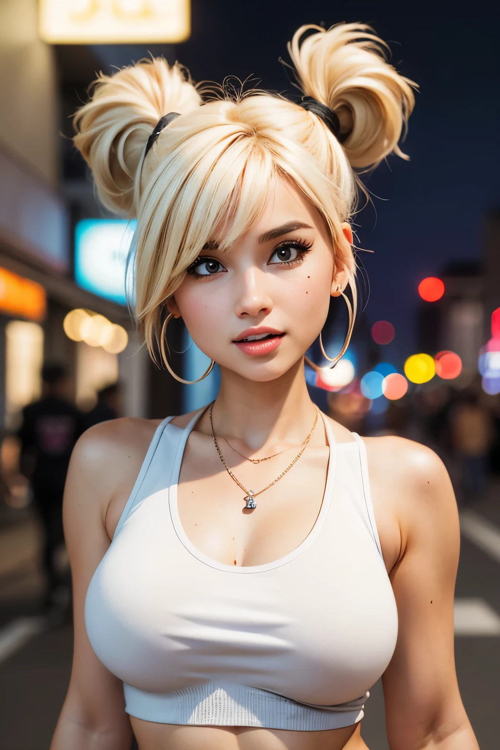 (best quality,4k,highres,ultra-detailed,realistic:1.2), a young girl, very big  breasts,short blond  hair with a pigtail and bangs,  flat abs, fitted white tank top, earrings , necklace out in the street at night, neon lights and advertising, close-up portrait 