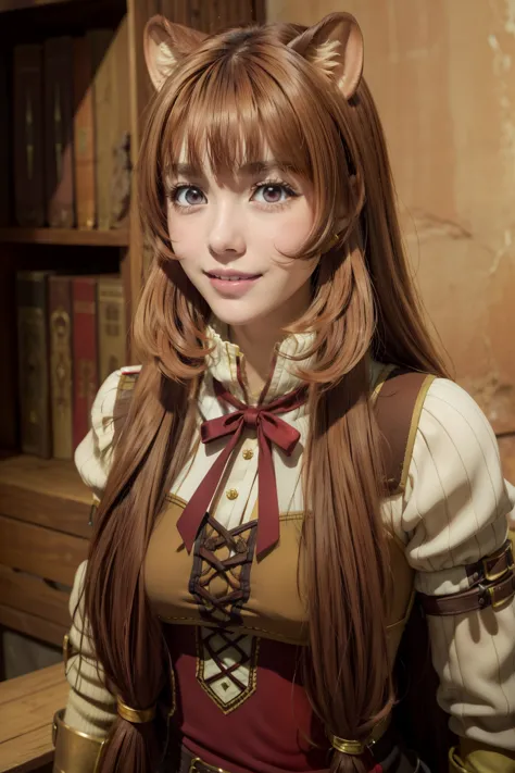 raphtalia long brown hair, hermoso rostro, sonrisa ligera, ojos rojizos, cola, (obra maestra:1.2), mejor calidad, absurdos, extr...