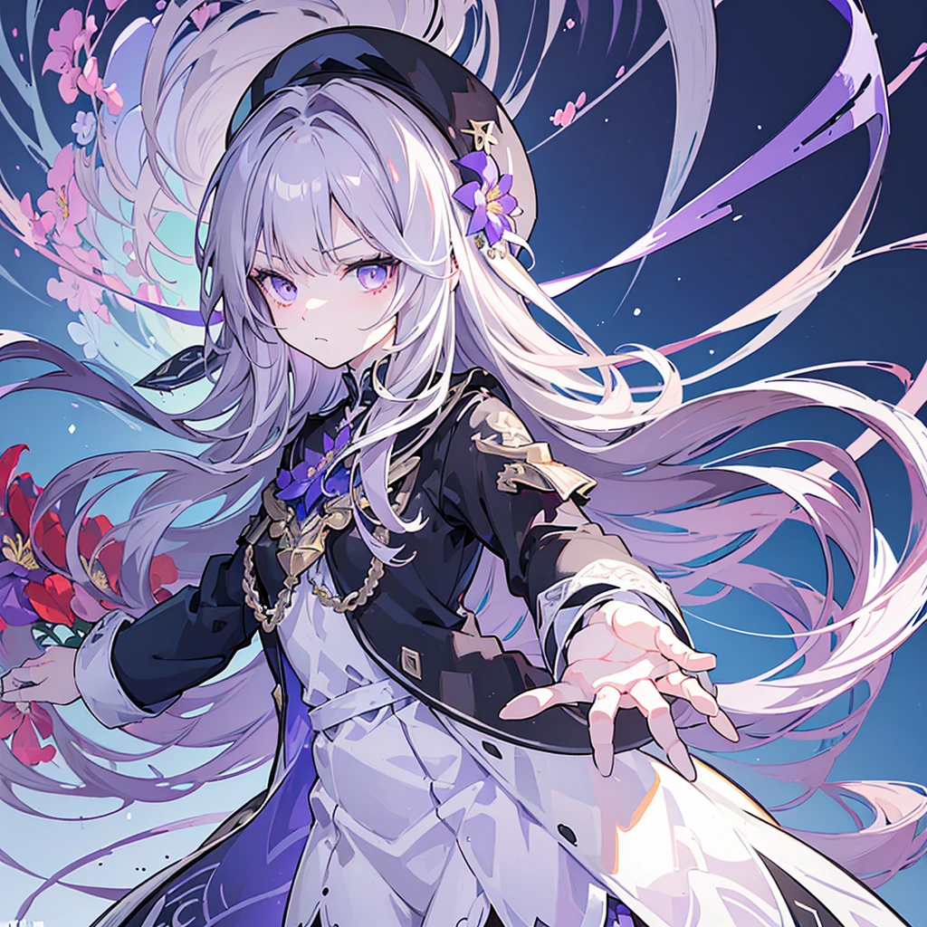 (best quality:1.3), (masterpiece:1.3), (illustration:1.3), (ultra-detailed:1.3), 1girl, solo, very young, flat chest, purple eyes, white hair, long hair, white dress, black coat, black headwear, beret, serious expression, angry expression, looking at viewer, purple flower, hair ornament, short,