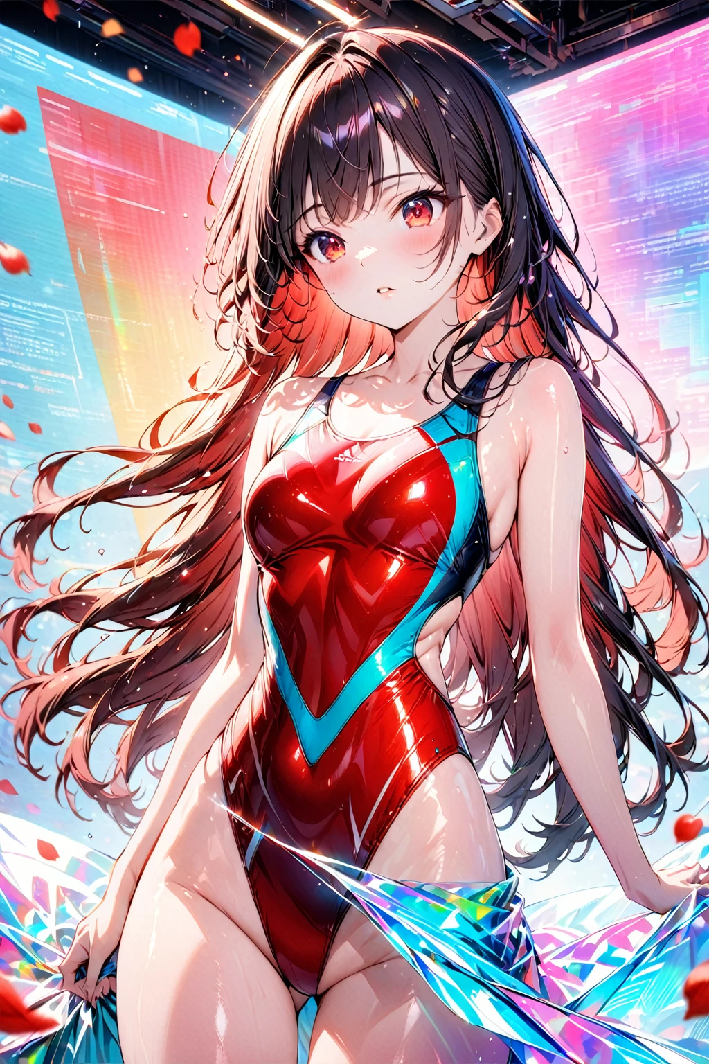 masterpiece, best quality, 1girl, solo, black hair, long hair, bangs, red eyes, parted lips, competition swimsuit, red one-piece swimsuit, highleg, standing, cowboy shot, holographic, colorful background, lights, shiny, flowers, petals, collarbone, multicolored background