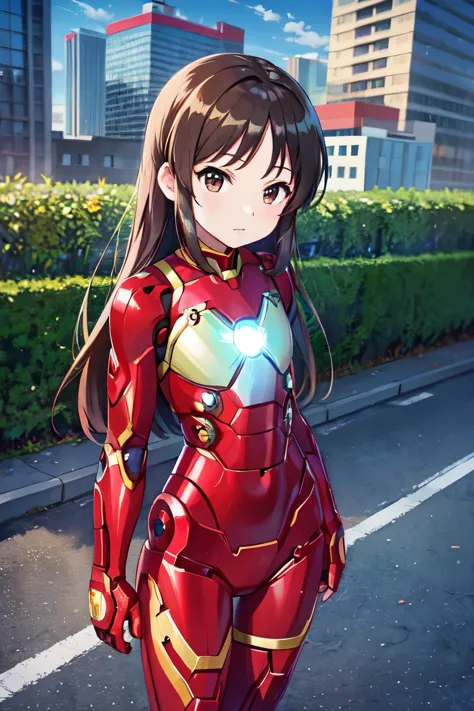 primary school students、child、long hair、small breasts、small breasts、child体型、rin々a funny expression、blue ribbon、((iron man suit、)...