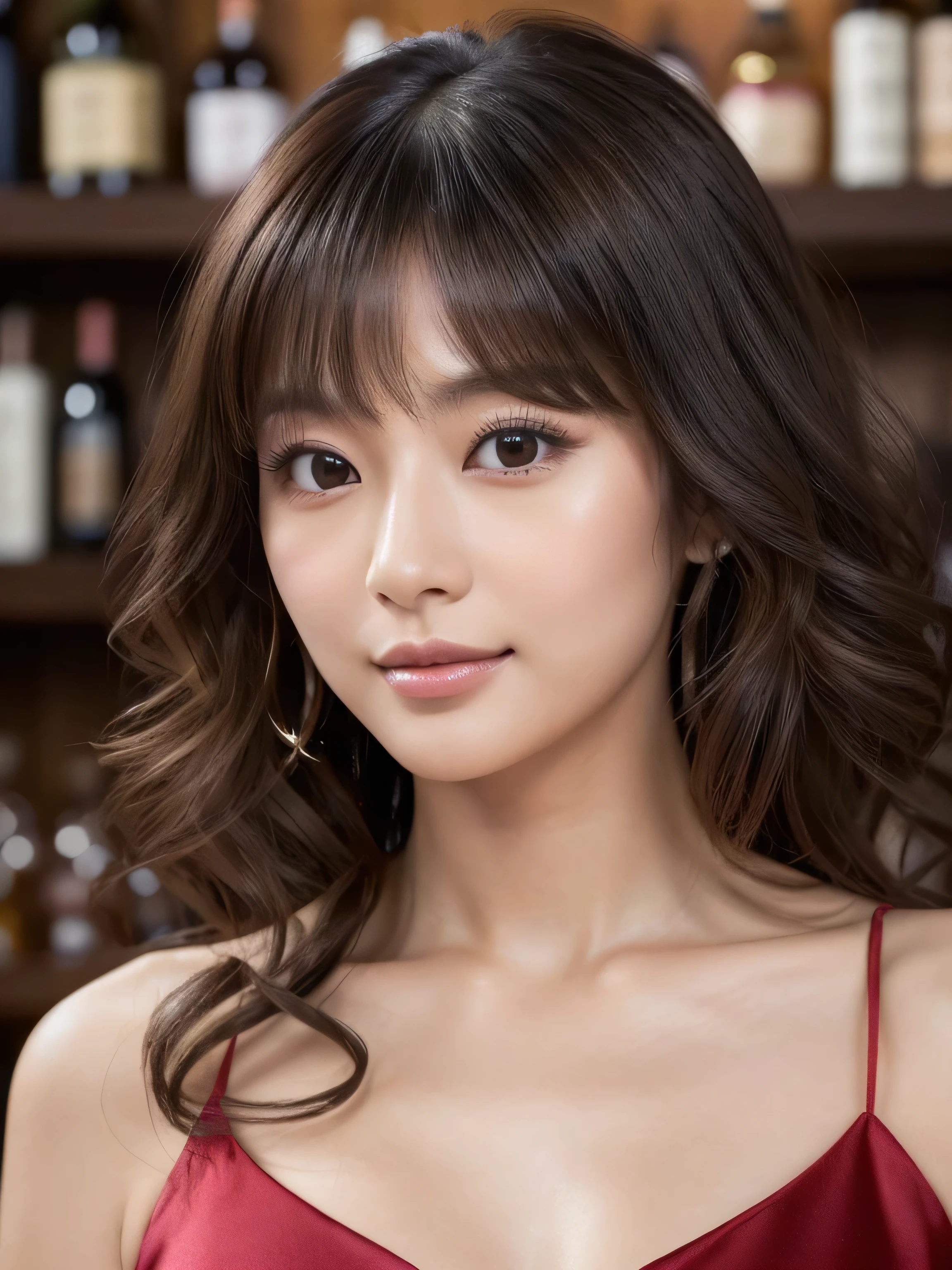 (Her bangs are the perfect full bangs:1.2)　(Her hair is super curly and long, It reaches down to her waist:1.4)　(Her super high quality hair is silky, Very shiny, Shiny, thick,Detailed and voluminous.、The length is super long, Her hair is incredibly curly and very detailed..2)　(Waist up shot:1.1)　((highest quality)), ((masterpiece)), (I&#39;I&#39;m very used to it)　(Familiar), Perfect Woman&#39;Face　 (Surreal photos by professional photographers :1.2)　(She has a typical Japanese build and skin color.., Her skin is very delicate and sensitive..、and、Such beautiful and radiant skin)　(Big Breasts)　(Her face is long, Small eyes and nose.、Narrow-mouthed　and the most beautiful)　(She is the most beautiful 28-year-old Japanese woman in Japan....)　(She has a professional makeup artist apply makeup to her to make her look flawless and intelligent.　Lipstick is natural red　The eyeliner is a beautiful black)　((Rich 1.4))　(Extremely detailed 8K)　(Stable Diffusion Model)　(Ultra-fine skin texture 1.4)　(Actual, Vibrant:1.4), 　Sharp focus:1.2、Beautiful woman:1.4　Dynamic Lighting　(Genuine RAW photos taken by professional photographers)　　　(Put the spotlight on her)　(This is a beautifully lit bar with a whiskey shelf in the background.)　(She is wearing a red silk dress)　She is serving at the bar