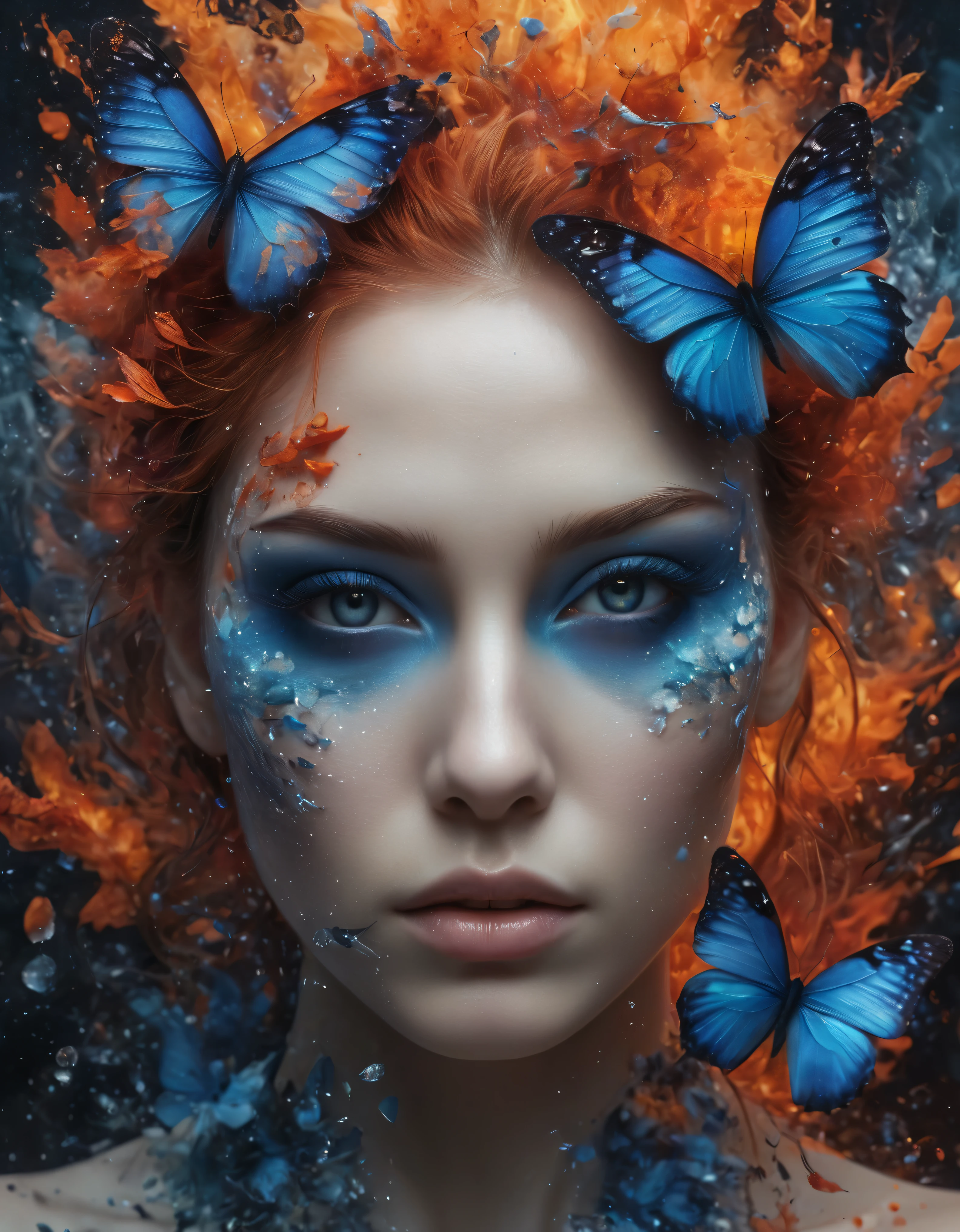 ((Masterpiece in maximum 16K resolution):1.6),((soft_color_photograpy:)1.5), ((Ultra-Detailed):1.4),((Movie-like still images and dynamic angles):1.3) | (double contact:1.3), Beautiful blue butterfly silhouette effect, Superimposed on Very Pretty Female《dark forest sky》Agnes Cecile, Jeremy Mann, Oil and ink on canvas, fine art, super dramatic light, photoillustration, amazing depth, the ultra-detailed, iridescent red, superfluous dreams, intricately details, amazing depth, Amazing atmosphere, Mesmerizing whimsical vibrant landscapes, Maximalism (beautiful outside, Ugly inside, pressure and pain, beauty and despair, hard and soft, positive and negative, hot and cold, Sweet and sour, Vibrant but boring, Perfect harmony, light and shadows, hot and cold, old and young, Fire and ice, Yin and yang, australian, Black and white, hot and cold, organic and mechanical, Corresponding color, loud and quiet, Chaos and peace, day and night:1.2) The complex masterpiece of a real-time engineering leader. | Rendered in ultra-high definition with UHD and retina quality, this masterpiece ensures anatomical correctness and textured skin with super detail. With a focus on high quality and accuracy, this award-winning portrayal captures every nuance in stunning 16k resolution, immersing viewers in its lifelike depiction. | ((perfect_composition, perfect_design, perfect_layout, perfect_detail, ultra_detailed)), ((enhance_all, fix_everything)), More Detail, Enhance.