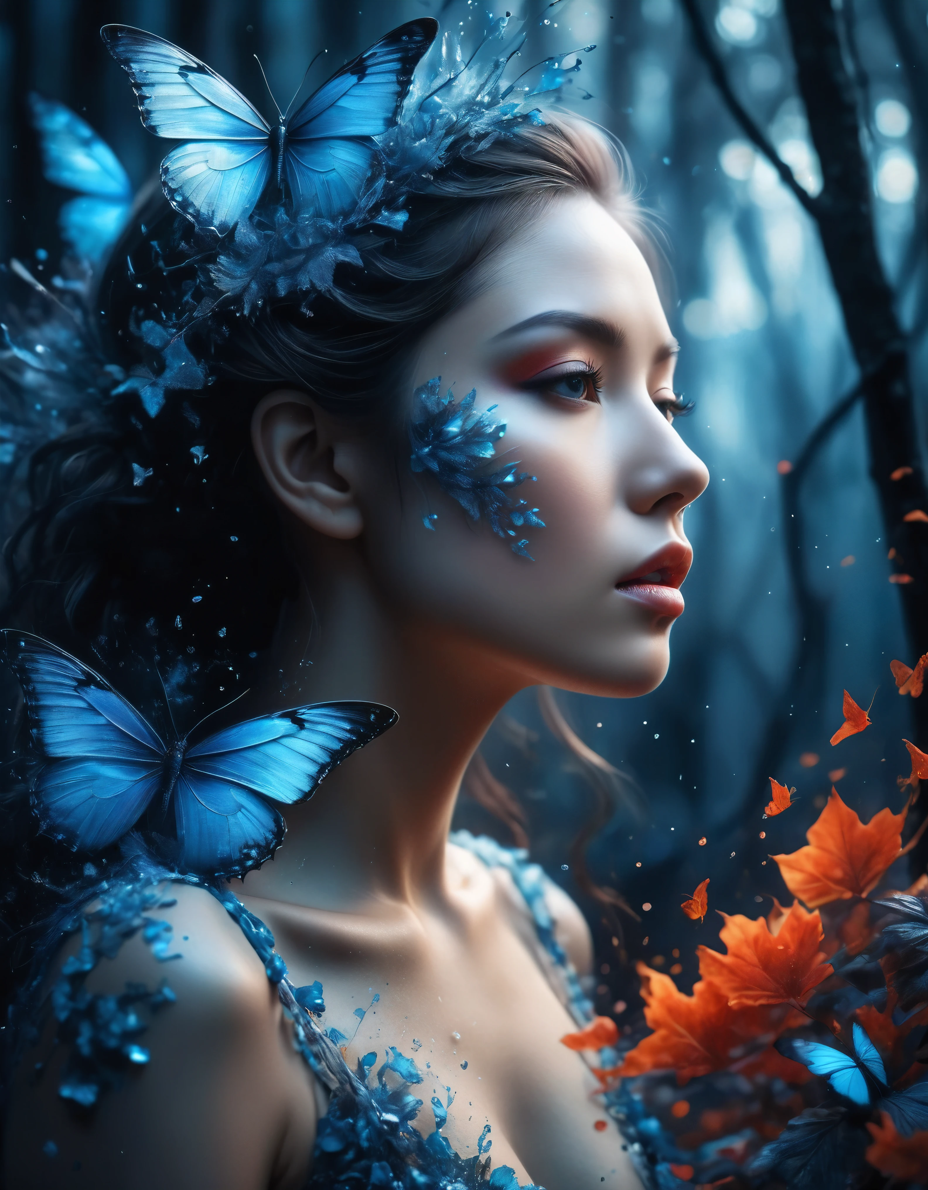((Masterpiece in maximum 16K resolution):1.6),((soft_color_photograpy:)1.5), ((Ultra-Detailed):1.4),((Movie-like still images and dynamic angles):1.3) | (double contact:1.3), Beautiful blue butterfly silhouette effect, Superimposed on Pretty Female《dark forest sky》Agnes Cecile, Jeremy Mann, Oil and ink on canvas, fine art, super dramatic light, photoillustration, amazing depth, the ultra-detailed, iridescent red, superfluous dreams, intricately details, amazing depth, Amazing atmosphere, Mesmerizing whimsical vibrant landscapes, Maximalism (beautiful outside, Ugly inside, pressure and pain, beauty and despair, hard and soft, positive and negative, hot and cold, Sweet and sour, Vibrant but boring, Perfect harmony, light and shadows, hot and cold, old and young, Fire and ice, Yin and yang, australian, Black and white, hot and cold, organic and mechanical, Corresponding color, loud and quiet, Chaos and peace, day and night:1.2) The complex masterpiece of a real-time engineering leader. | Rendered in ultra-high definition with UHD and retina quality, this masterpiece ensures anatomical correctness and textured skin with super detail. With a focus on high quality and accuracy, this award-winning portrayal captures every nuance in stunning 16k resolution, immersing viewers in its lifelike depiction. | ((perfect_composition, perfect_design, perfect_layout, perfect_detail, ultra_detailed)), ((enhance_all, fix_everything)), More Detail, Enhance.