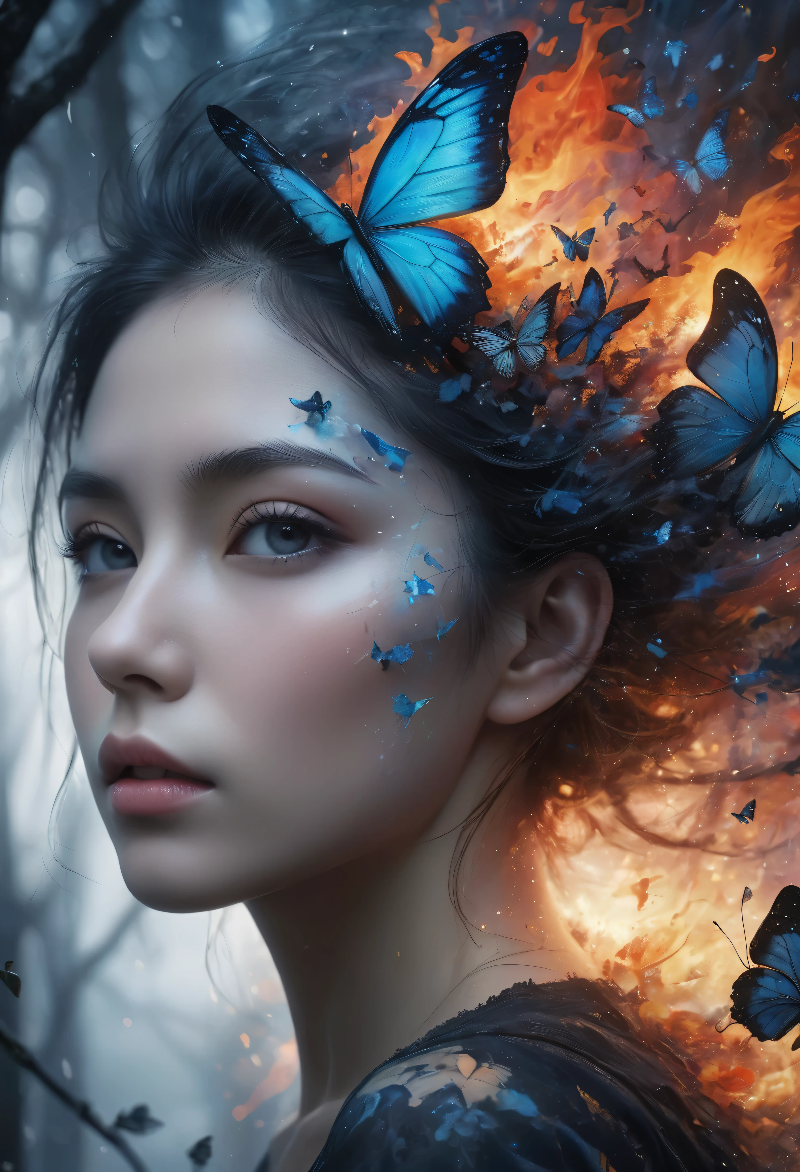 ((Masterpiece in maximum 16K resolution):1.6),((soft_color_photograpy:)1.5), ((Ultra-Detailed):1.4),((Movie-like still images and dynamic angles):1.3) | (double contact:1.3), Beautiful blue butterfly silhouette effect, Superimposed on Very Pretty Female《dark forest sky》Agnes Cecile, Jeremy Mann, Oil and ink on canvas, fine art, super dramatic light, photoillustration, amazing depth, the ultra-detailed, iridescent red, superfluous dreams, intricately details, amazing depth, Amazing atmosphere, Mesmerizing whimsical vibrant landscapes, Maximalism (beautiful outside, Ugly inside, pressure and pain, beauty and despair, hard and soft, positive and negative, hot and cold, Sweet and sour, Vibrant but boring, Perfect harmony, light and shadows, hot and cold, old and young, Fire and ice, Yin and yang, australian, Black and white, hot and cold, organic and mechanical, Corresponding color, loud and quiet, Chaos and peace, day and night:1.2) The complex masterpiece of a real-time engineering leader. | Rendered in ultra-high definition with UHD and retina quality, this masterpiece ensures anatomical correctness and textured skin with super detail. With a focus on high quality and accuracy, this award-winning portrayal captures every nuance in stunning 16k resolution, immersing viewers in its lifelike depiction. | ((perfect_composition, perfect_design, perfect_layout, perfect_detail, ultra_detailed)), ((enhance_all, fix_everything)), More Detail, Enhance.