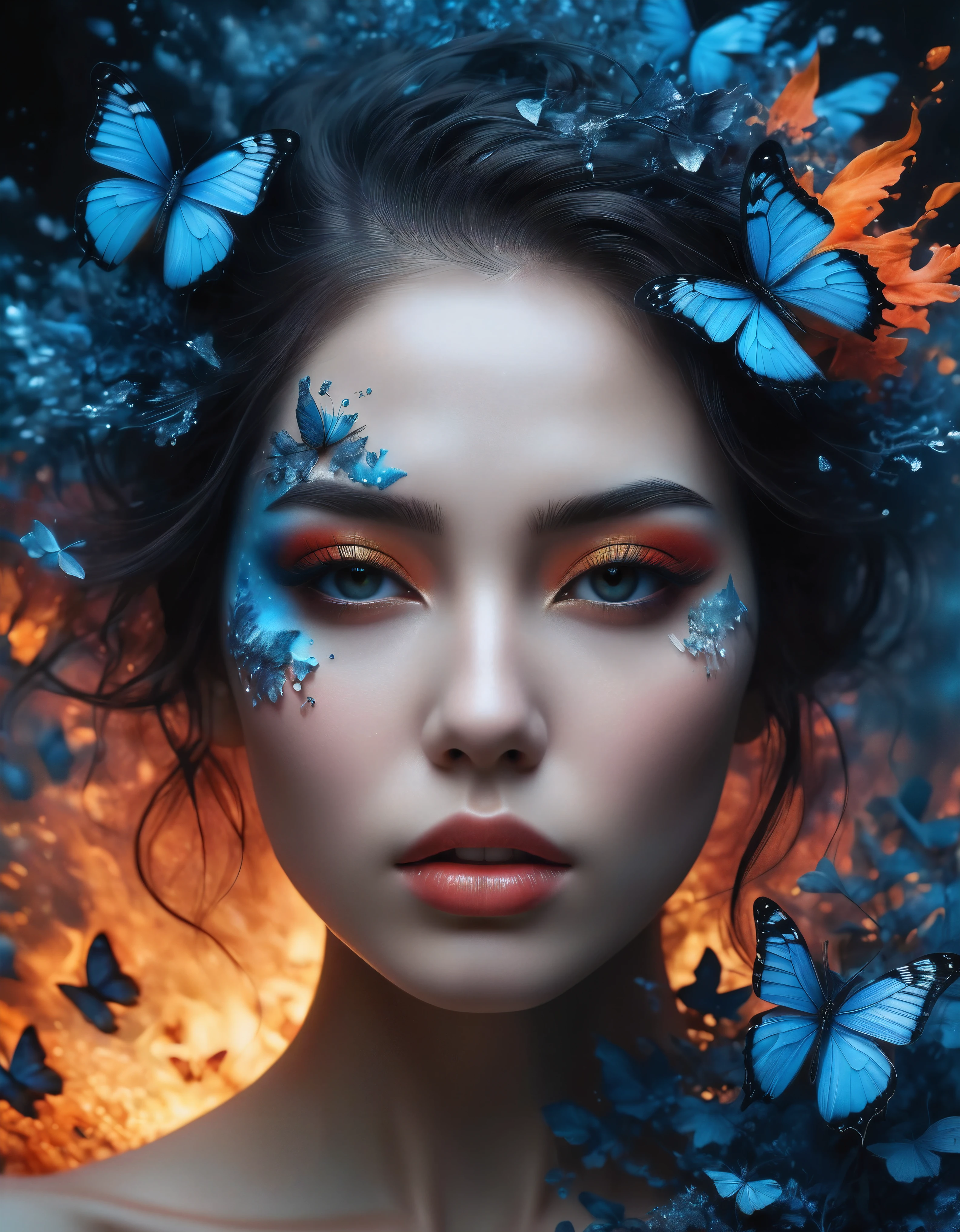 ((Masterpiece in maximum 16K resolution):1.6),((soft_color_photograpy:)1.5), ((Ultra-Detailed):1.4),((Movie-like still images and dynamic angles):1.3) | (double contact:1.3), Beautiful blue butterfly silhouette effect, Superimposed on Pretty Female《dark forest sky》Agnes Cecile, Jeremy Mann, Oil and ink on canvas, fine art, super dramatic light, photoillustration, amazing depth, the ultra-detailed, iridescent red, superfluous dreams, intricately details, amazing depth, Amazing atmosphere, Mesmerizing whimsical vibrant landscapes, Maximalism (beautiful outside, Ugly inside, pressure and pain, beauty and despair, hard and soft, positive and negative, hot and cold, Sweet and sour, Vibrant but boring, Perfect harmony, light and shadows, hot and cold, old and young, Fire and ice, Yin and yang, australian, Black and white, hot and cold, organic and mechanical, Corresponding color, loud and quiet, Chaos and peace, day and night:1.2) The complex masterpiece of a real-time engineering leader. | Rendered in ultra-high definition with UHD and retina quality, this masterpiece ensures anatomical correctness and textured skin with super detail. With a focus on high quality and accuracy, this award-winning portrayal captures every nuance in stunning 16k resolution, immersing viewers in its lifelike depiction. | ((perfect_composition, perfect_design, perfect_layout, perfect_detail, ultra_detailed)), ((enhance_all, fix_everything)), More Detail, Enhance.