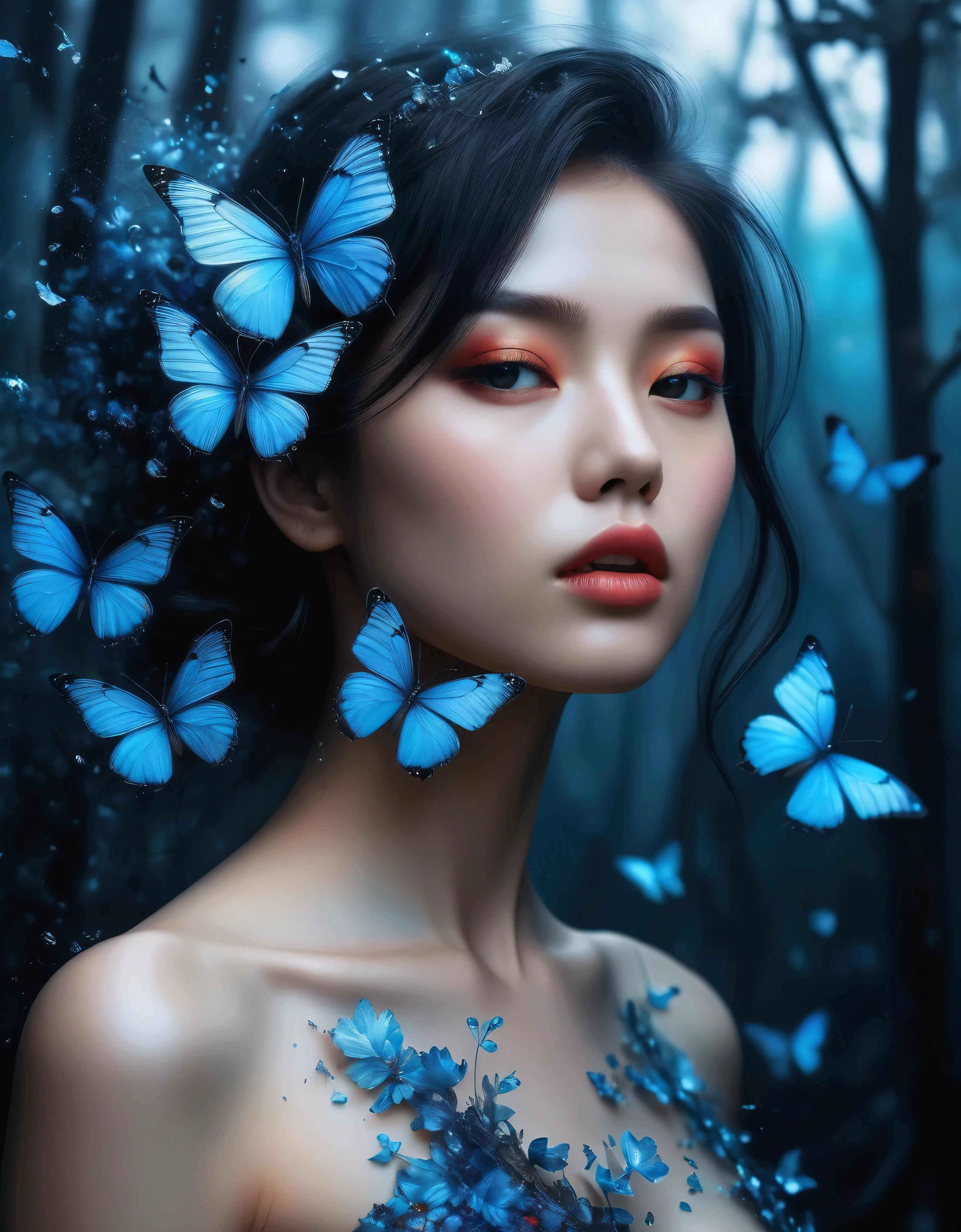 ((Masterpiece in maximum 16K resolution):1.6),((soft_color_photograpy:)1.5), ((Ultra-Detailed):1.4),((Movie-like still images and dynamic angles):1.3) | (double contact:1.3), Beautiful blue butterfly silhouette effect, Superimposed on Pretty Female《dark forest sky》Agnes Cecile, Jeremy Mann, Oil and ink on canvas, fine art, super dramatic light, photoillustration, amazing depth, the ultra-detailed, iridescent red, superfluous dreams, intricately details, amazing depth, Amazing atmosphere, Mesmerizing whimsical vibrant landscapes, Maximalism (beautiful outside, Ugly inside, pressure and pain, beauty and despair, hard and soft, positive and negative, hot and cold, Sweet and sour, Vibrant but boring, Perfect harmony, light and shadows, hot and cold, old and young, Fire and ice, Yin and yang, australian, Black and white, hot and cold, organic and mechanical, Corresponding color, loud and quiet, Chaos and peace, day and night:1.2) The complex masterpiece of a real-time engineering leader. | Rendered in ultra-high definition with UHD and retina quality, this masterpiece ensures anatomical correctness and textured skin with super detail. With a focus on high quality and accuracy, this award-winning portrayal captures every nuance in stunning 16k resolution, immersing viewers in its lifelike depiction. | ((perfect_composition, perfect_design, perfect_layout, perfect_detail, ultra_detailed)), ((enhance_all, fix_everything)), More Detail, Enhance.