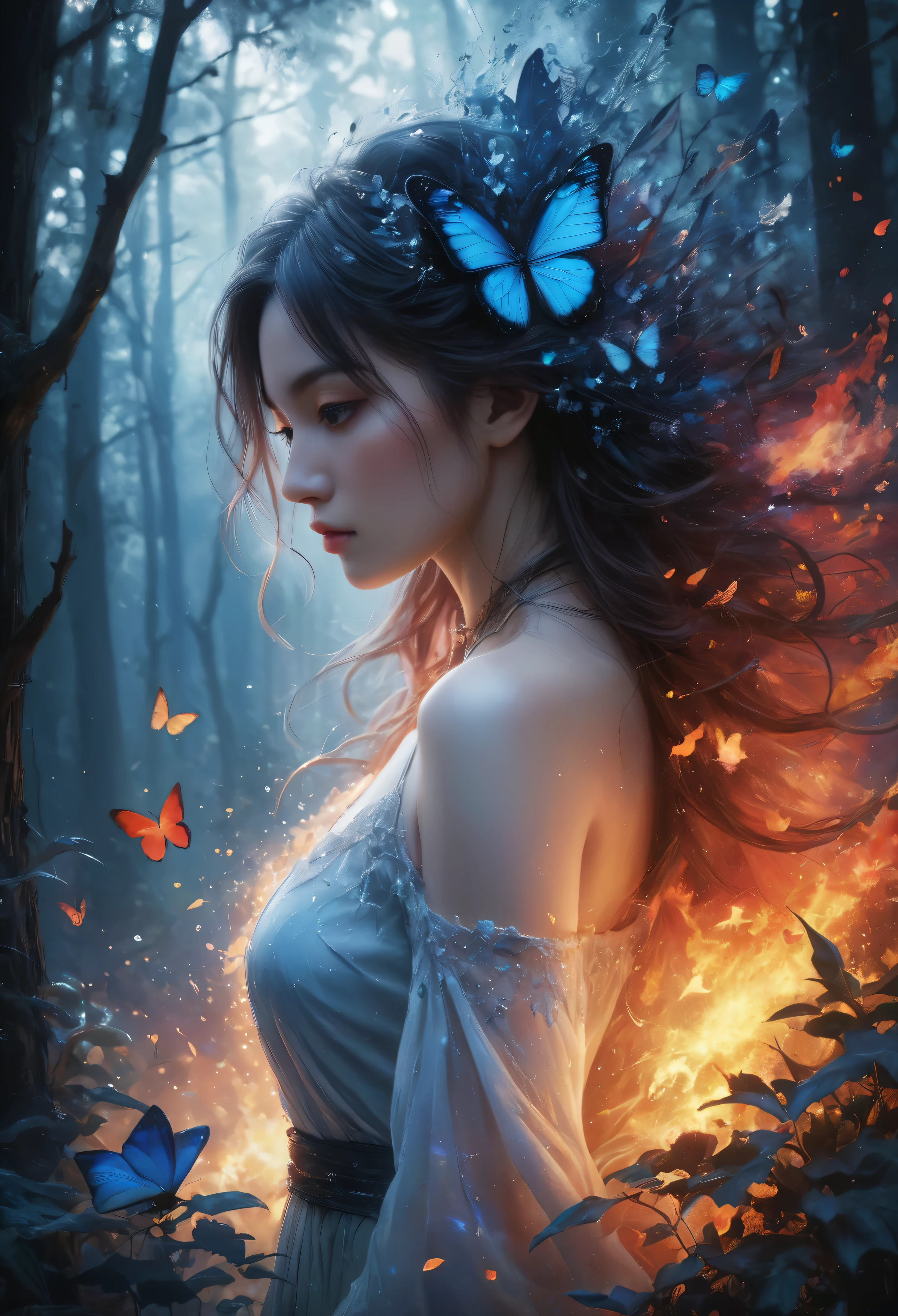 ((Masterpiece in maximum 16K resolution):1.6),((soft_color_photograpy:)1.5), ((Ultra-Detailed):1.4),((Movie-like still images and dynamic angles):1.3) | (double contact:1.3), Beautiful blue butterfly silhouette effect, Superimposed on Very Pretty Female《dark forest sky》Agnes Cecile, Jeremy Mann, Oil and ink on canvas, fine art, super dramatic light, photoillustration, amazing depth, the ultra-detailed, iridescent red, superfluous dreams, intricately details, amazing depth, Amazing atmosphere, Mesmerizing whimsical vibrant landscapes, Maximalism (beautiful outside, Ugly inside, pressure and pain, beauty and despair, hard and soft, positive and negative, hot and cold, Sweet and sour, Vibrant but boring, Perfect harmony, light and shadows, hot and cold, old and young, Fire and ice, Yin and yang, australian, Black and white, hot and cold, organic and mechanical, Corresponding color, loud and quiet, Chaos and peace, day and night:1.2) The complex masterpiece of a real-time engineering leader. | Rendered in ultra-high definition with UHD and retina quality, this masterpiece ensures anatomical correctness and textured skin with super detail. With a focus on high quality and accuracy, this award-winning portrayal captures every nuance in stunning 16k resolution, immersing viewers in its lifelike depiction. | ((perfect_composition, perfect_design, perfect_layout, perfect_detail, ultra_detailed)), ((enhance_all, fix_everything)), More Detail, Enhance.