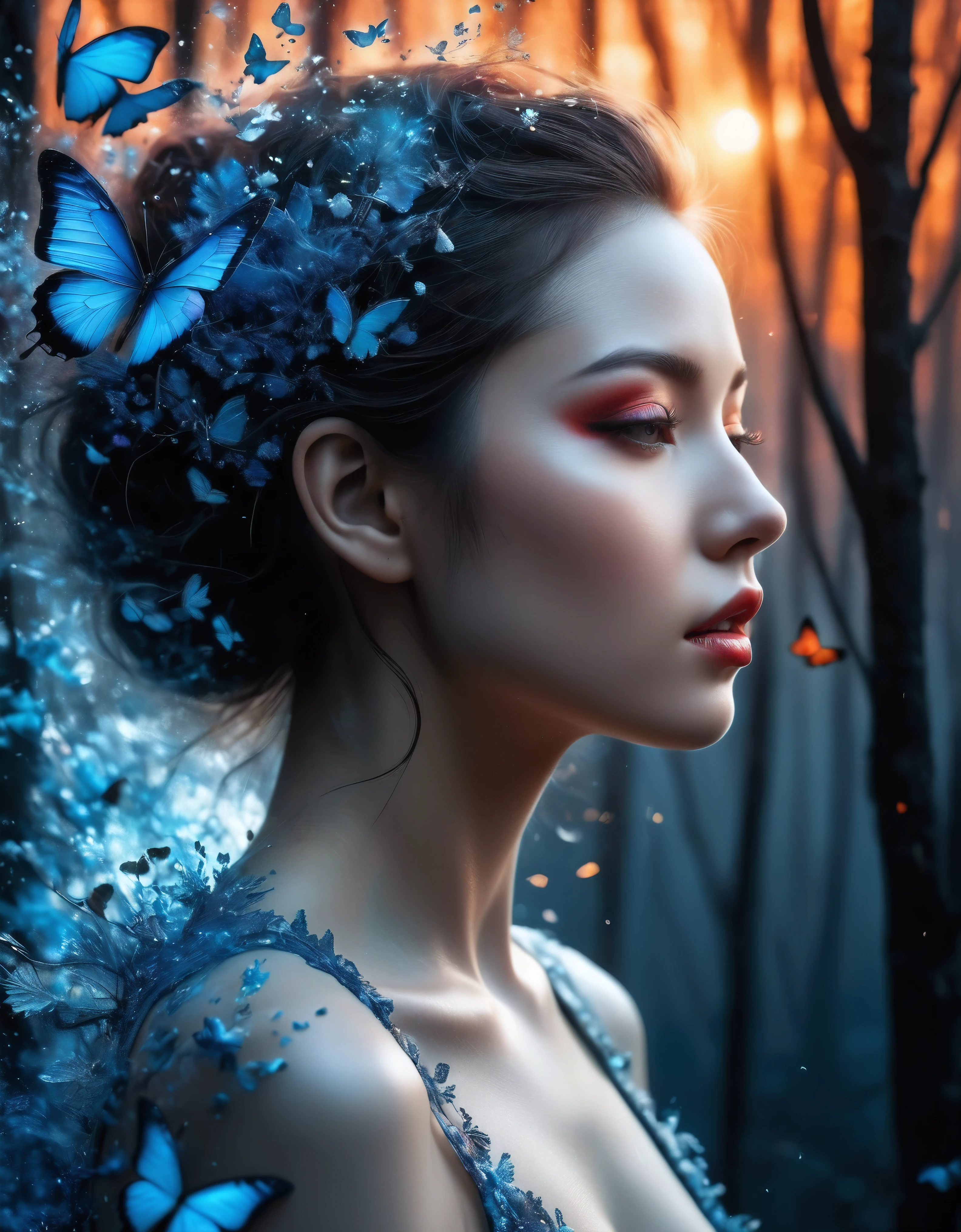 ((Masterpiece in maximum 16K resolution):1.6),((soft_color_photograpy:)1.5), ((Ultra-Detailed):1.4),((Movie-like still images and dynamic angles):1.3) | (double contact:1.3), Beautiful blue butterfly silhouette effect, Superimposed on Pretty Female《dark forest sky》Agnes Cecile, Jeremy Mann, Oil and ink on canvas, fine art, super dramatic light, photoillustration, amazing depth, the ultra-detailed, iridescent red, superfluous dreams, intricately details, amazing depth, Amazing atmosphere, Mesmerizing whimsical vibrant landscapes, Maximalism (beautiful outside, Ugly inside, pressure and pain, beauty and despair, hard and soft, positive and negative, hot and cold, Sweet and sour, Vibrant but boring, Perfect harmony, light and shadows, hot and cold, old and young, Fire and ice, Yin and yang, australian, Black and white, hot and cold, organic and mechanical, Corresponding color, loud and quiet, Chaos and peace, day and night:1.2) The complex masterpiece of a real-time engineering leader. | Rendered in ultra-high definition with UHD and retina quality, this masterpiece ensures anatomical correctness and textured skin with super detail. With a focus on high quality and accuracy, this award-winning portrayal captures every nuance in stunning 16k resolution, immersing viewers in its lifelike depiction. | ((perfect_composition, perfect_design, perfect_layout, perfect_detail, ultra_detailed)), ((enhance_all, fix_everything)), More Detail, Enhance.