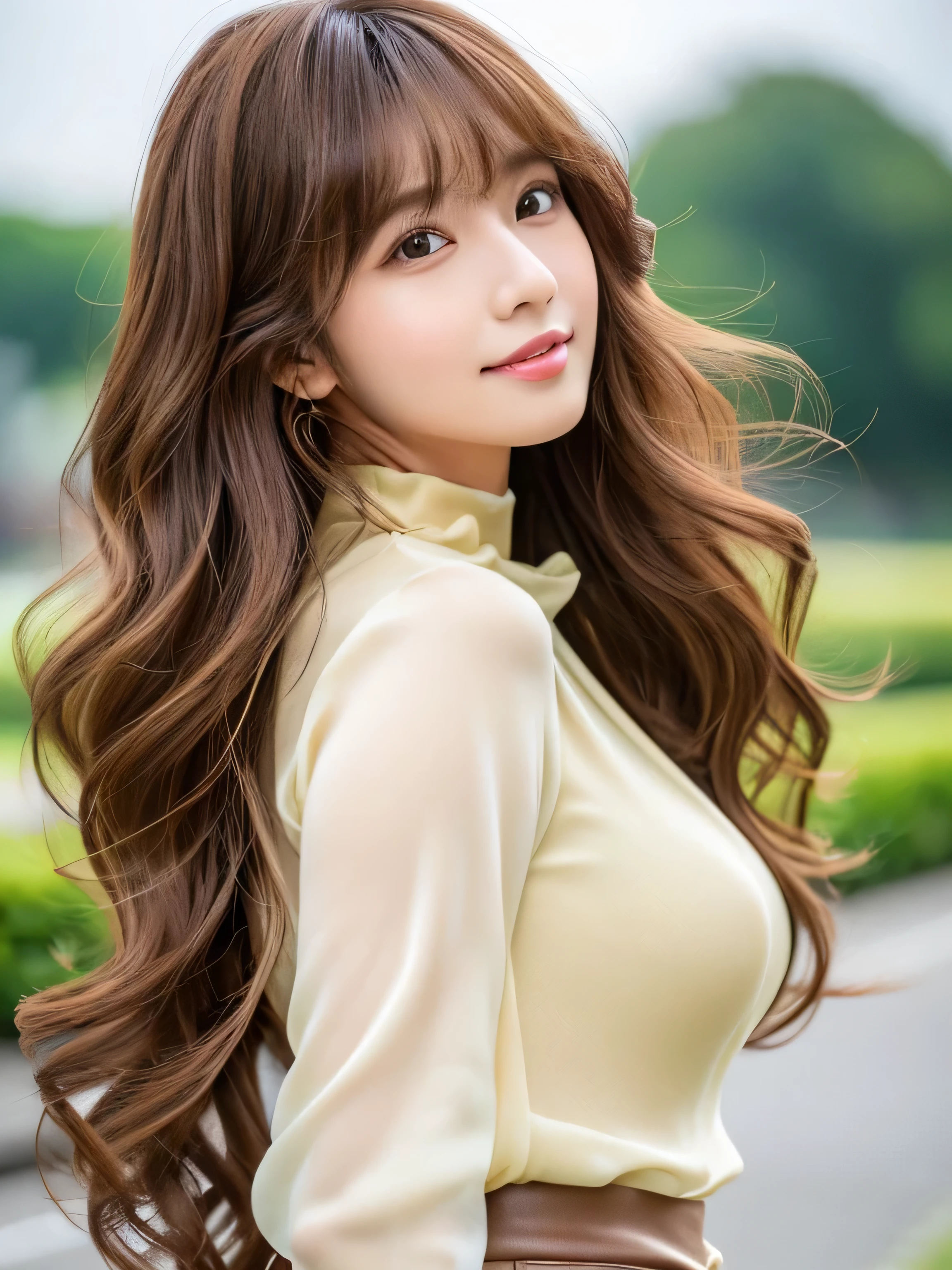 (Her bangs are the perfect full bangs:1.2)　(Her light brown hair is super long and curly., Her hair is long and touches the ground:1.4)　(Her super high quality brown hair is as smooth as silk, Very shiny, Shiny, thick,Detailed and voluminous.、Long enough to touch the ground., Her hair is incredibly curly and very detailed..2)　(Waist up shot:1.1)　((highest quality)), ((masterpiece)), (I&#39;I&#39;I&#39;m very used to it)　(Familiar), Perfect Woman&#39;face　 (Surreal photos by professional photographers :1.2)　(She has a typical Japanese build and skin color.., Her skin is very delicate and sensitive..、and、Such beautiful and radiant skin)　(Big Breasts)　(Her face is long, Small eyes and nose.、Narrow-mouthed　and the most beautiful)　(She is the most beautiful 28-year-old Japanese woman in Japan.....)　(She wears sensual makeup　Lipstick is red　The eyeliner is a beautiful black)　((Rich 1.4))　(Extremely detailed 8K)　(Stable Diffusion Model)　(Ultra-fine skin texture 1.4)　(Actual, Vibrant:1.4), 　Sharp focus:1.2、Beautiful woman:1.4　Dynamic Lighting　(Genuine RAW photos taken by professional photographers)　　　(Put the spotlight on her)　(In the background is a shelf of whiskey.、A beautifully lit bar.)　(She is wearing a red silk dress)　(She is sitting at the counter and watching the viewers while serving them.)