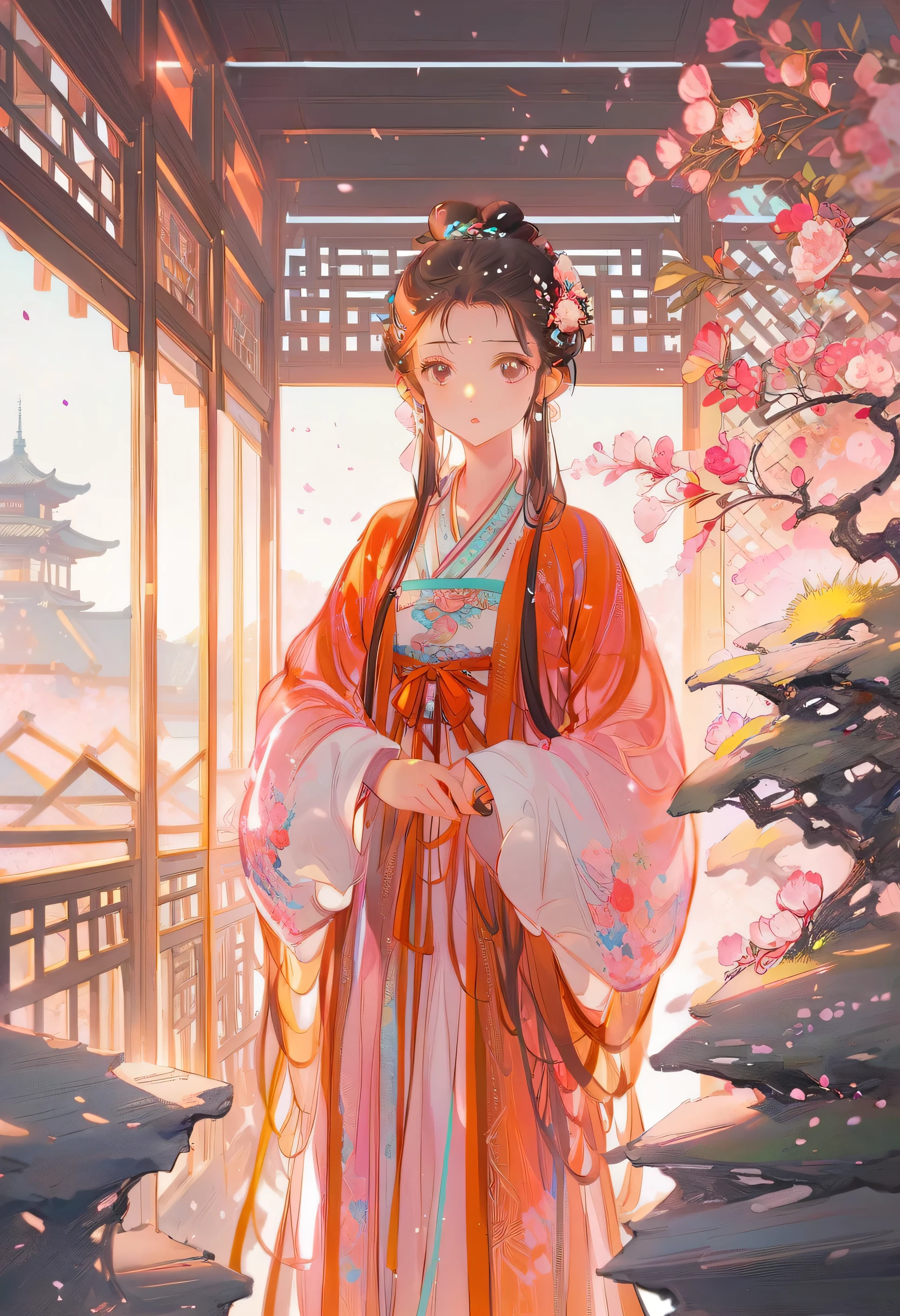 1 Girl,leg,a girl at architecture,(((architecture))),  Braided Bangs,braided ponytails,(Solitary:1.2),apron,Big legs and strong,Side ties, Baldness, 16 years old,Looking at the audience, Sunlight,Hanfu, 