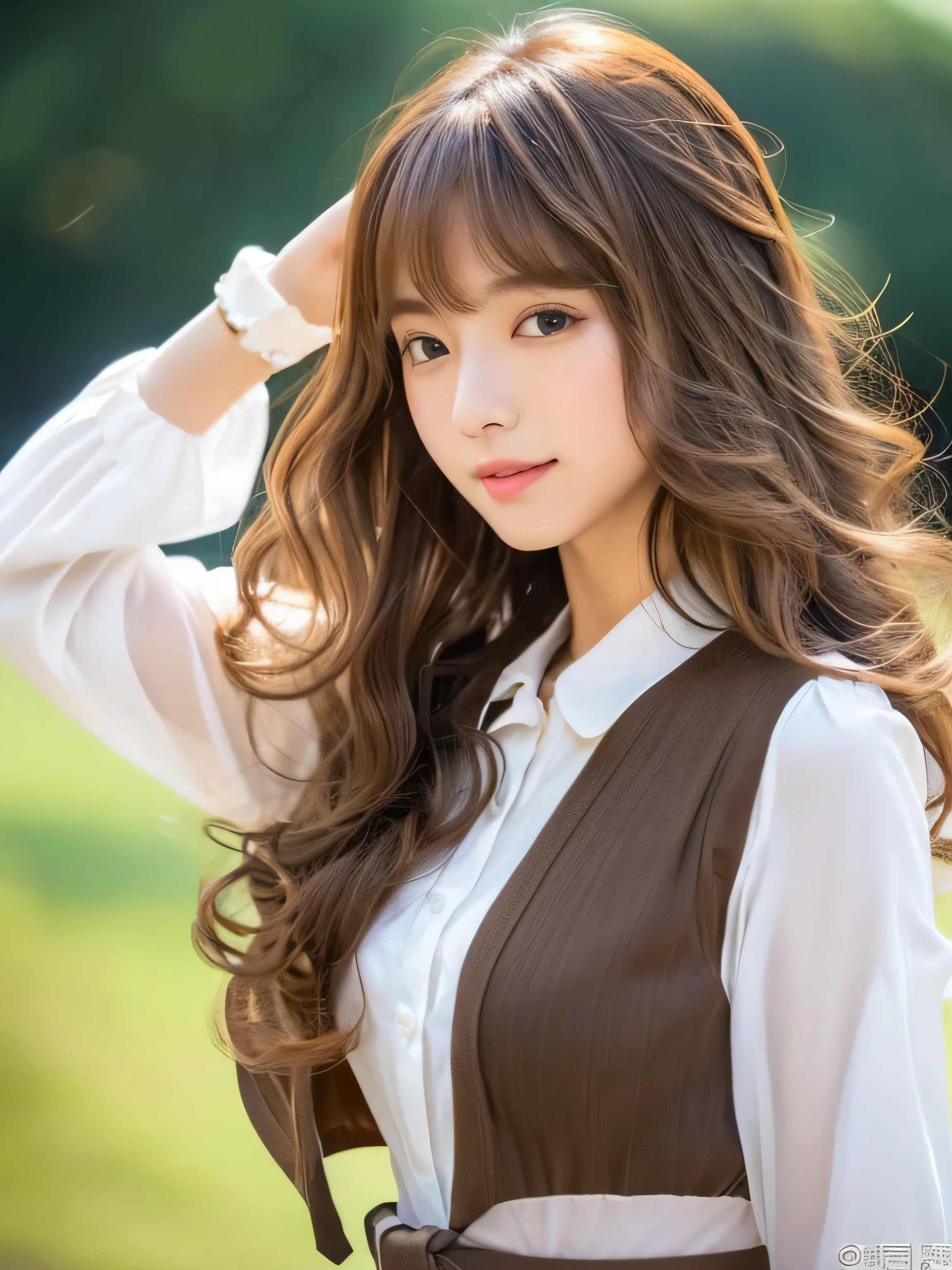 (Her bangs are the perfect full bangs:1.2)　(Her light brown hair is super long and curly., Her hair is long and touches the ground:1.4)　(Her super high quality brown hair is as smooth as silk, Very shiny, Shiny, thick,Detailed and voluminous.、Long enough to touch the ground., Her hair is incredibly curly and very detailed..2)　(Waist up shot:1.1)　((highest quality)), ((masterpiece)), (I&#39;I&#39;I&#39;m very used to it)　(Familiar), Perfect Woman&#39;face　 (Surreal photos by professional photographers :1.2)　(She has a typical Japanese build and skin color.., Her skin is very delicate and sensitive..、and、Such beautiful and radiant skin)　(Big Breasts)　(Her face is long, Small eyes and nose.、Narrow-mouthed　and the most beautiful)　(She is the most beautiful 28-year-old Japanese woman in Japan.....)　(She wears sensual makeup　Lipstick is red　The eyeliner is a beautiful black)　((Rich 1.4))　(Extremely detailed 8K)　(Stable Diffusion Model)　(Ultra-fine skin texture 1.4)　(Actual, Vibrant:1.4), 　Sharp focus:1.2、Beautiful woman:1.4　Dynamic Lighting　(Genuine RAW photos taken by professional photographers)　　　(Put the spotlight on her)　(This is a high-class night lounge)　(In the background is a shelf of whiskey.、Professionally lit)　(She is wearing a red silk dress)　(She is sitting at the counter and watching the viewers while serving them.)