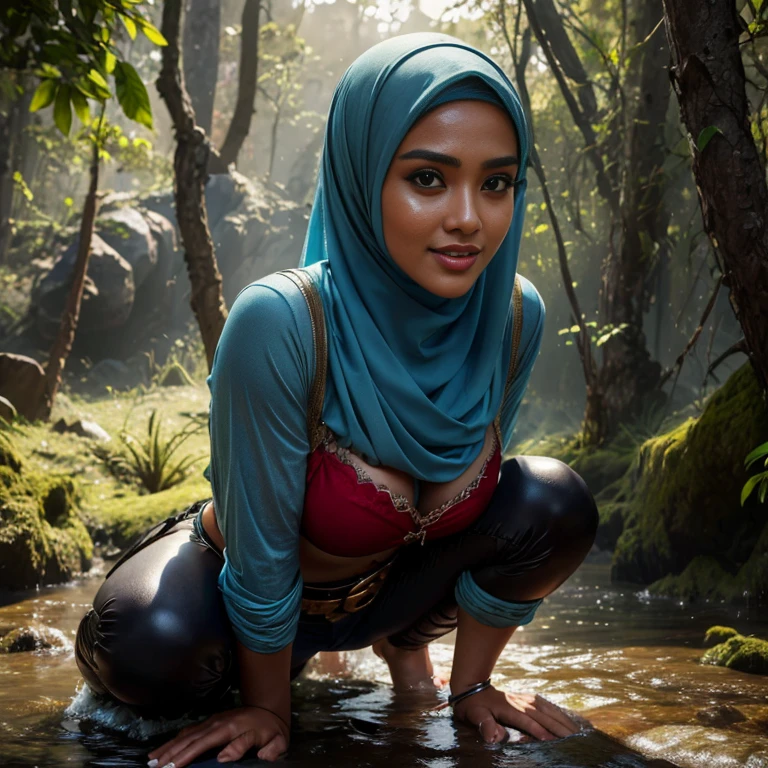 RAW, Best quality, high resolution, masterpiece: 1.3), beautiful Hijab Malay woman in raincoat, high resolution, Masterpiece: 1.3,  Masterpiece, Soft smile,  black hair, crouching on rock, raining, vines all around, giant and wet trees ,bright sunshine, denim jacket unbuttoned, crop top, long pants, highres,4k,HDR,1girl, photorealistic, realistic,sweat skin, wet clothes, wet body, big breast, ((full body))soaked, dripping, smiling at viewer, closeup, big breasts, big breasts, big breasts, two MAPAY women in lingerie posing for a picture in a room, oppai, posing together in bra, MIRA FILZAH and IMAN TAYORE, red bra, all red, oppai proportions, sexy :8, 4k], 4 k ], big breasts!, bottom angle, big breasts!!, Malay beauties, biomechanical oppai, fujita goro and jones, thicc, wearing hijab, hijab star, hijab gorgeous, hijab super model, Malaysian girls group,malay, The whole body consists of a young girl with hijab, Eye makeup, 21yo, Cat ears, Soft lighting, group, Wear shabby clothes, Dirty, Tattered futuristic bikini, Cat's paw badge, Pose, spot color, rendering by octane, Ultra-realistic intricate details, Cinematic, 8K resolution, 70mm, emphasis lighting, Global illumination, Full body portrait, clean detailed faces, Complex clothing, Cute face,  (((wearing a Sexy belt design by LV))) Surreal full-body figure, Beautiful and delicate body and face, gorgeous figure, ssmile, Titillating，Surreal full-body figure，Beautiful and detailed body and face, Super vista, White skin of the, vivd colour,🔥8k, masterpiece, RAW photo, best quality, (18k detail:1.2), photorealistic, extremely, deep shadow, earrings, bracelets, necklace,