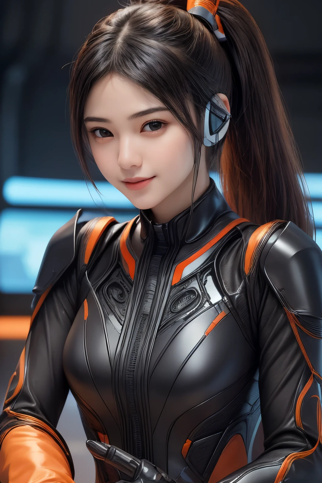Top Quality, Masterpiece, Ultra High Resolution, (Photorealistic: 1.4), Raw Photo, 1 Girl, Black Hair, Glossy Skin, 1 Mechanical Girl, (((Ultra Realistic Details)), Portrait, Global Illumination, Shadows, Octane Rendering, 8K, Ultra Sharp, Intricate Ornaments Details, she is wearing a Futuristic Gaming Headphone, nixie suga,  very intricate detail, realistic light, CGStation trend, brown eyes, glowing eyes, (matte black and glossy orange tight fabric suit with orange lining on her fabric suit) , Long hair, Ponytail hair, Half body shot, spaceship bridge background, dynamic pose, dynamic stand, close up, smiling