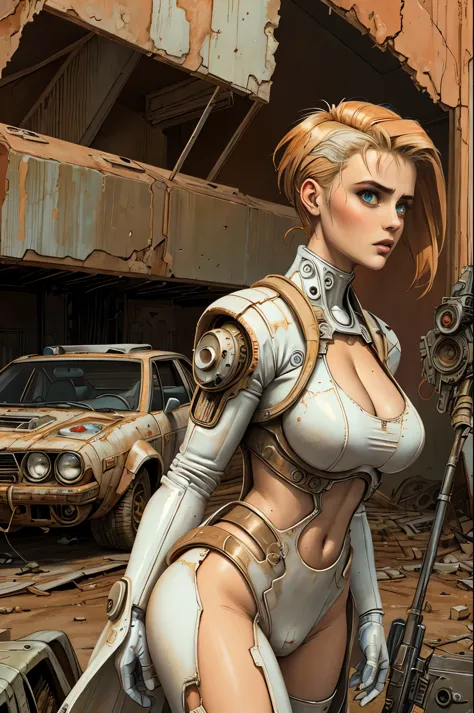 post-apocalyptic art, stefania ferrario as  a beautiful madmax woman in a white and red cybernetic suit, very long light brown h...