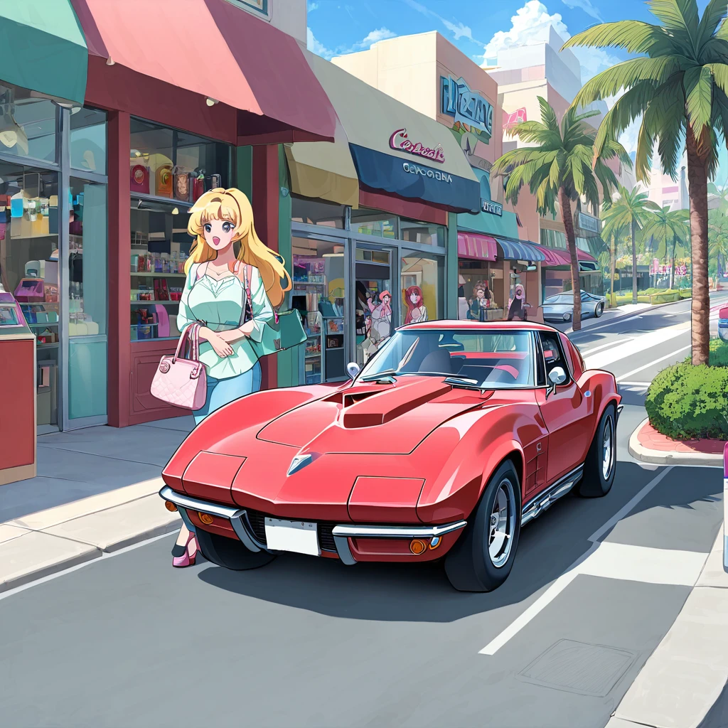 Create another scene in the same style, Barbie is now outside the perfume shop., Now she has a bag from the perfume shop, she is about to get in the car, her car is a C1 Corvette, Pink and white, C1 Corvette, 彼女はPink and whiteのチェック柄のドレスを着ており、The background depicts a California city in the 1980s.。, Palm trees and lots of pink flowers.