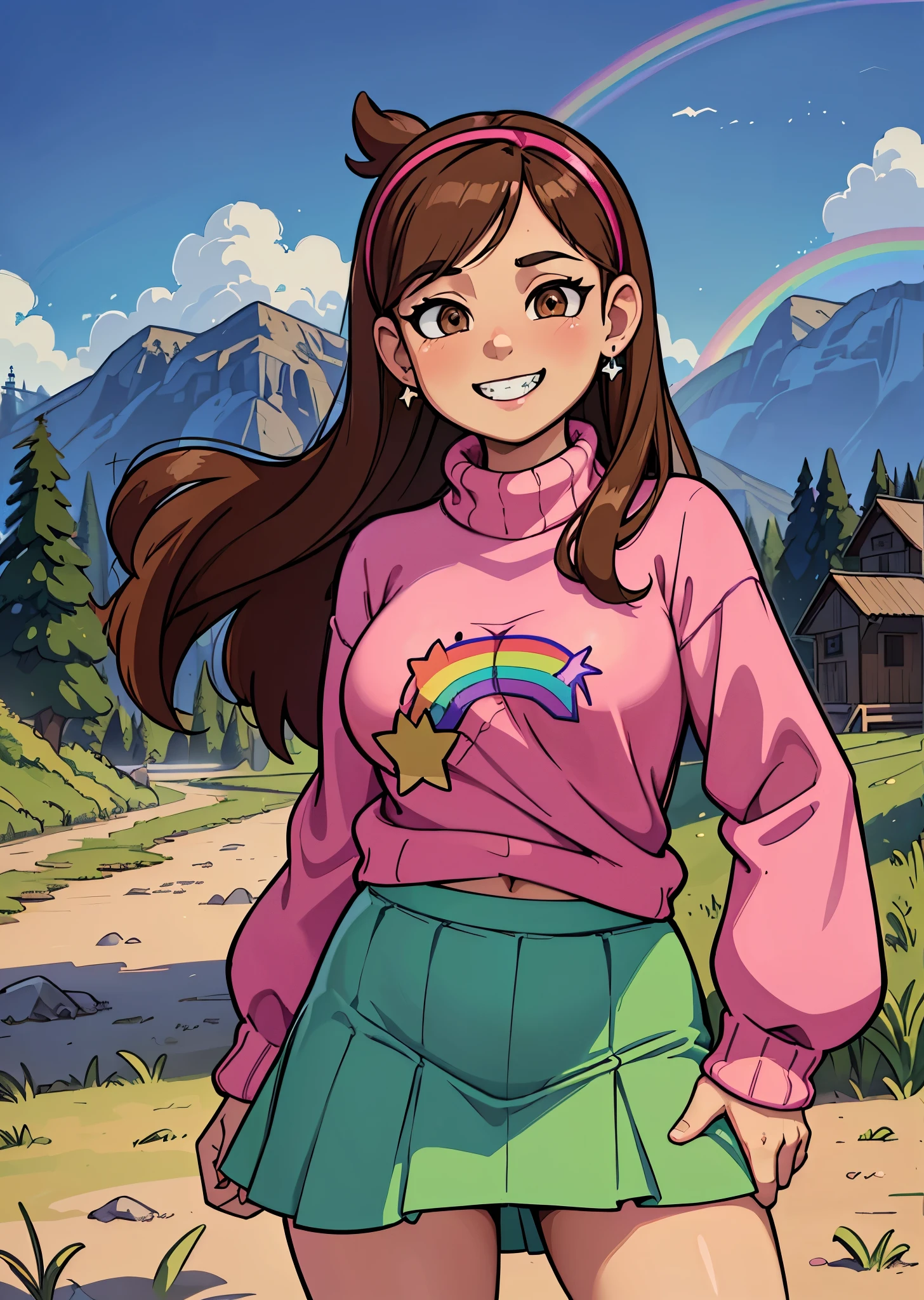 A cartoon girl in a pink shirt and green skirt standing in front of a  mountain - SeaArt AI