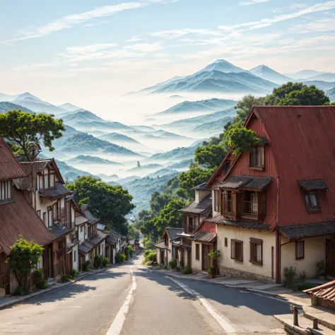 (no human), landscape, bluesky, hazy mountains in distance, houses, red roofs, street