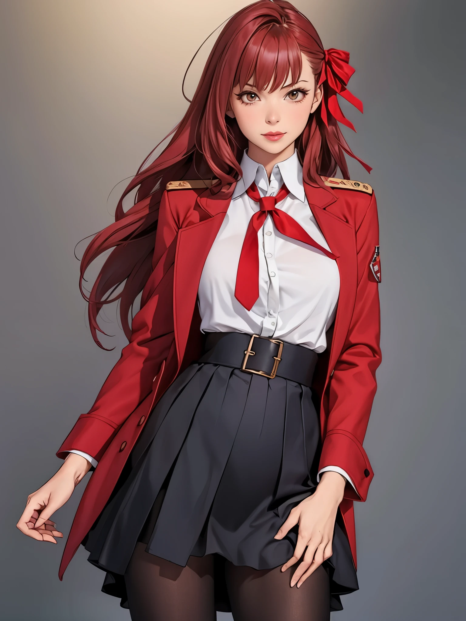 perfect eyes:1.2, detailed eyes:1.4, realistic:1.4, black pantyhose:1.2, very long hair, bb \(fate\), fringe, red ribbon, black necktie, griffin & kryuger military uniform, military uniform, necktie, red jacket, uniform, red hair, red eyes, black skirt, pleated skirt, bow, long sleeves, serious, cowboy shot, 1girl, solo, (masterpiece:1.6, best quality),