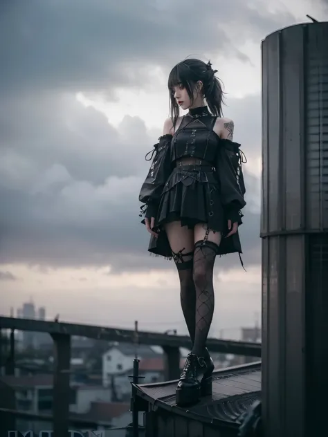 from below, minimum, harmony, tranquility, aesthetic, grey sky, cloudy sky, in rooftop, obscure light and shadow, 1 girl, 24-yea...