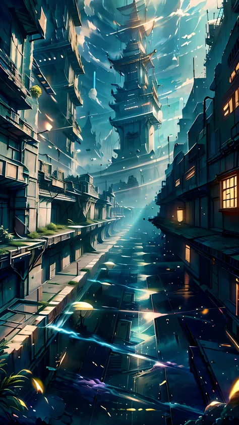 Cyberpunk cities in science fiction movies, Empty Streets, night, Chinoiserie architecture, Established, irregular, Circuit boar...