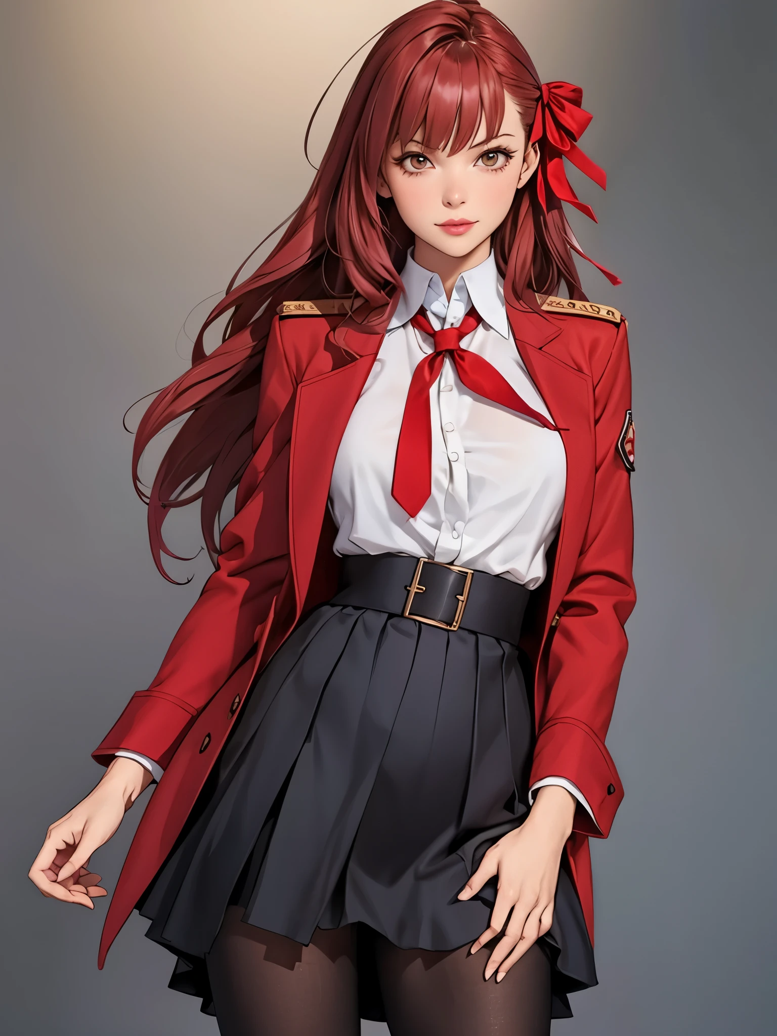 perfect eyes:1.2, detailed eyes:1.4, realistic:1.4, black pantyhose:1.2, very long hair, bb \(fate\), fringe, red ribbon, black necktie, griffin & kryuger military uniform, military uniform, necktie, red jacket, uniform, red hair, red eyes, black skirt, pleated skirt, bow, long sleeves, serious, cowboy shot, 1girl, solo, (masterpiece:1.6, best quality),