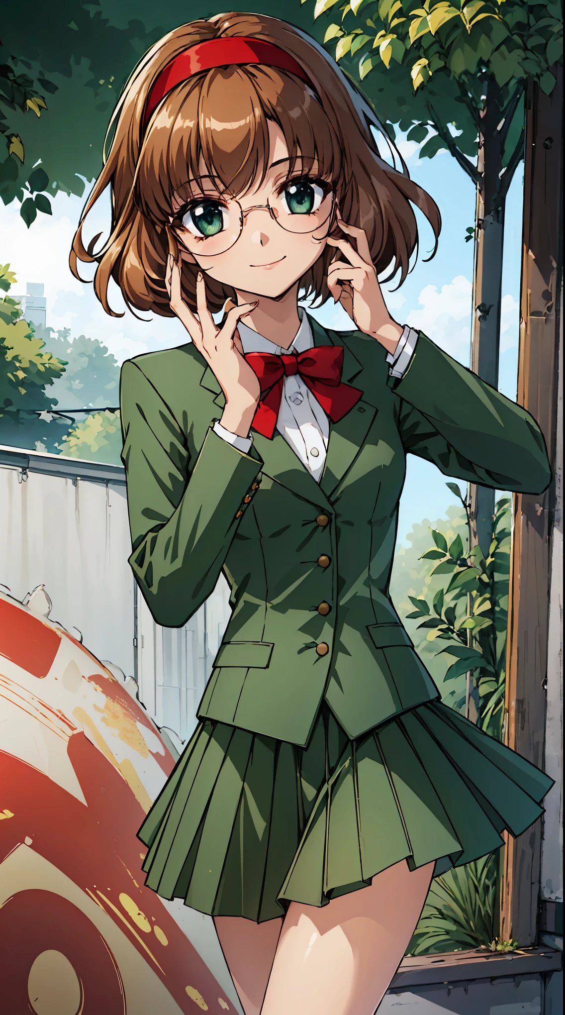 fuu hououji,1girl,short hair,light brown hair,Glasses,((red hairband)),green blazer,mini skirt,smile,masterpiece,Noise Reduction,perfect anatomy,high resolution, ultra-detailed,game cg,dutch angle ,beautiful detailed eyes,visualart,five fingers, perfect hands, perfect lighting,