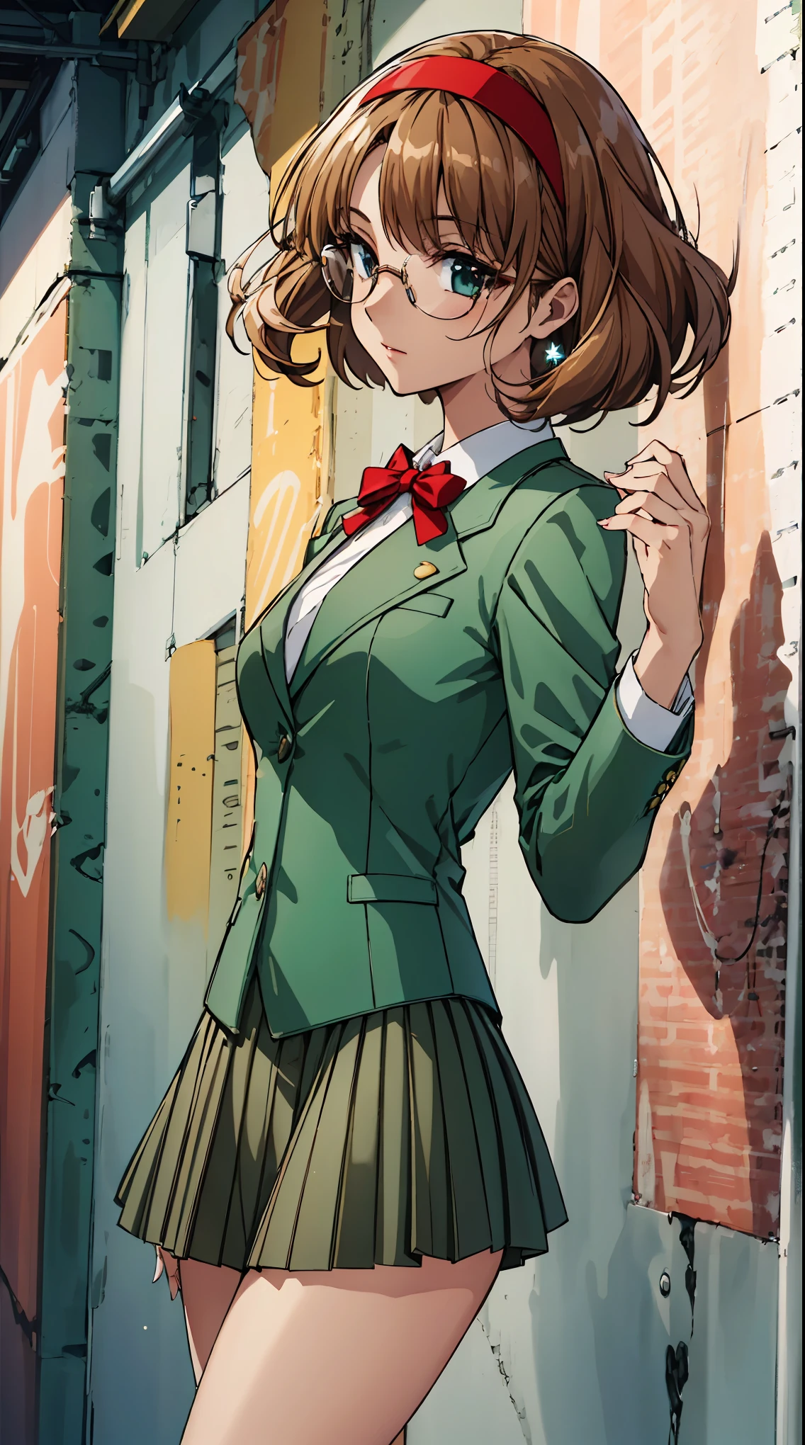 fuu hououji,1girl,short hair,light brown hair,Glasses,((red hairband)),green blazer,mini skirt,masterpiece,Noise Reduction,perfect anatomy,high resolution, ultra-detailed,game cg,dutch angle ,beautiful detailed eyes,visualart,five fingers, perfect hands, perfect lighting,