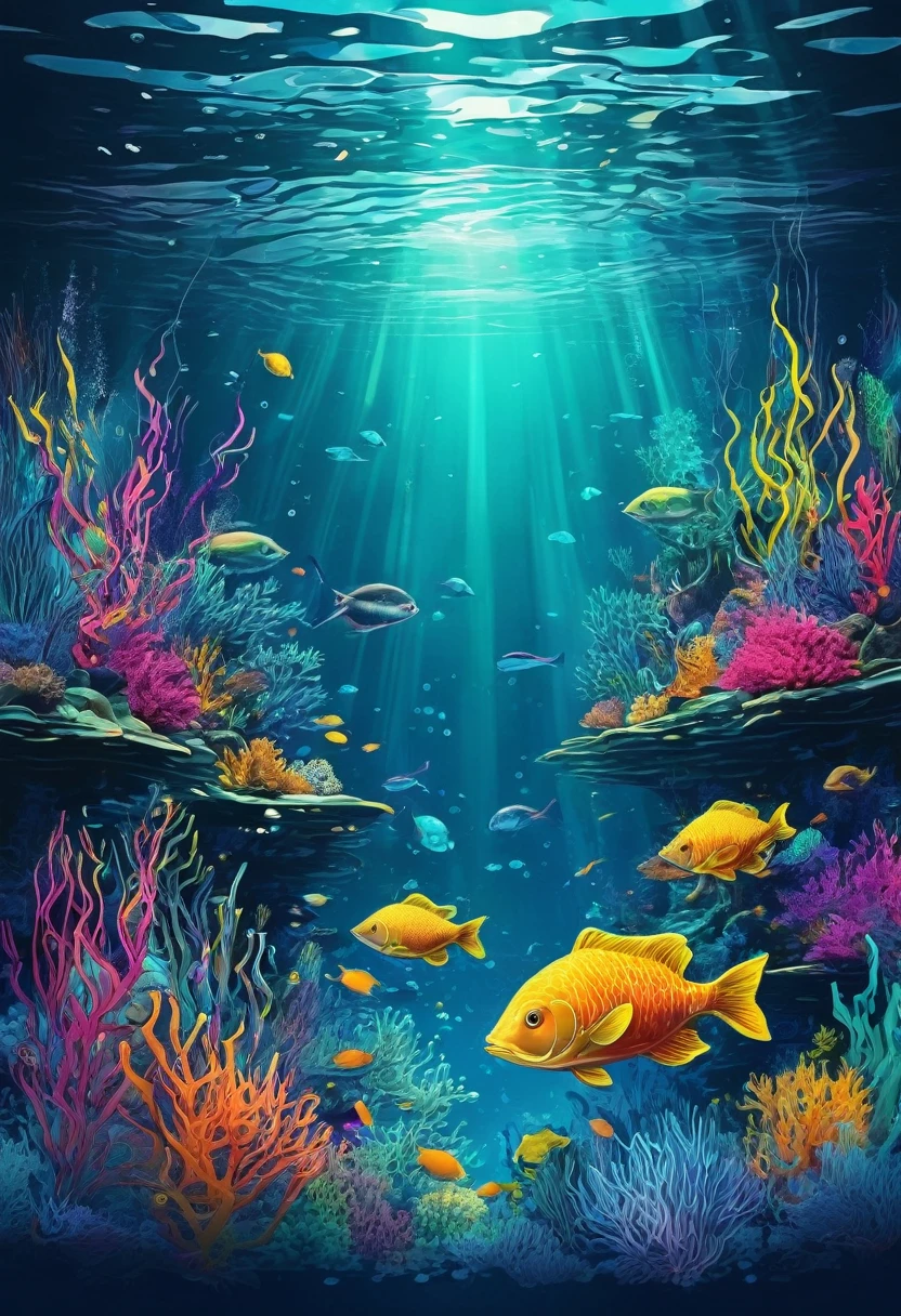 Create a series of illustrations combining vibrant underwater scenes with abstract elements of digital code and neural networks.