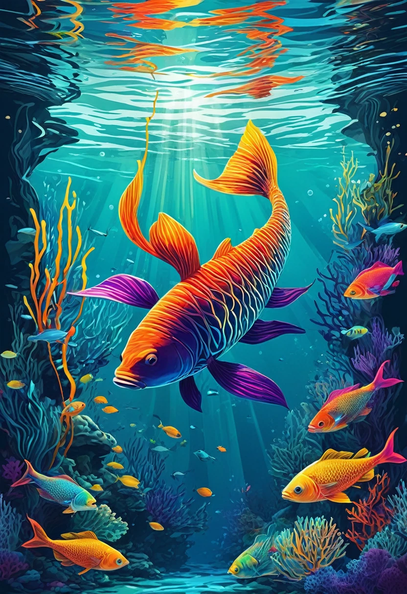 Create a series of illustrations combining vibrant underwater scenes with abstract elements of digital code and neural networks.