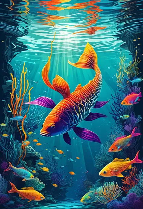 create a series of illustrations combining vibrant underwater scenes with abstract elements of digital code and neural networks.