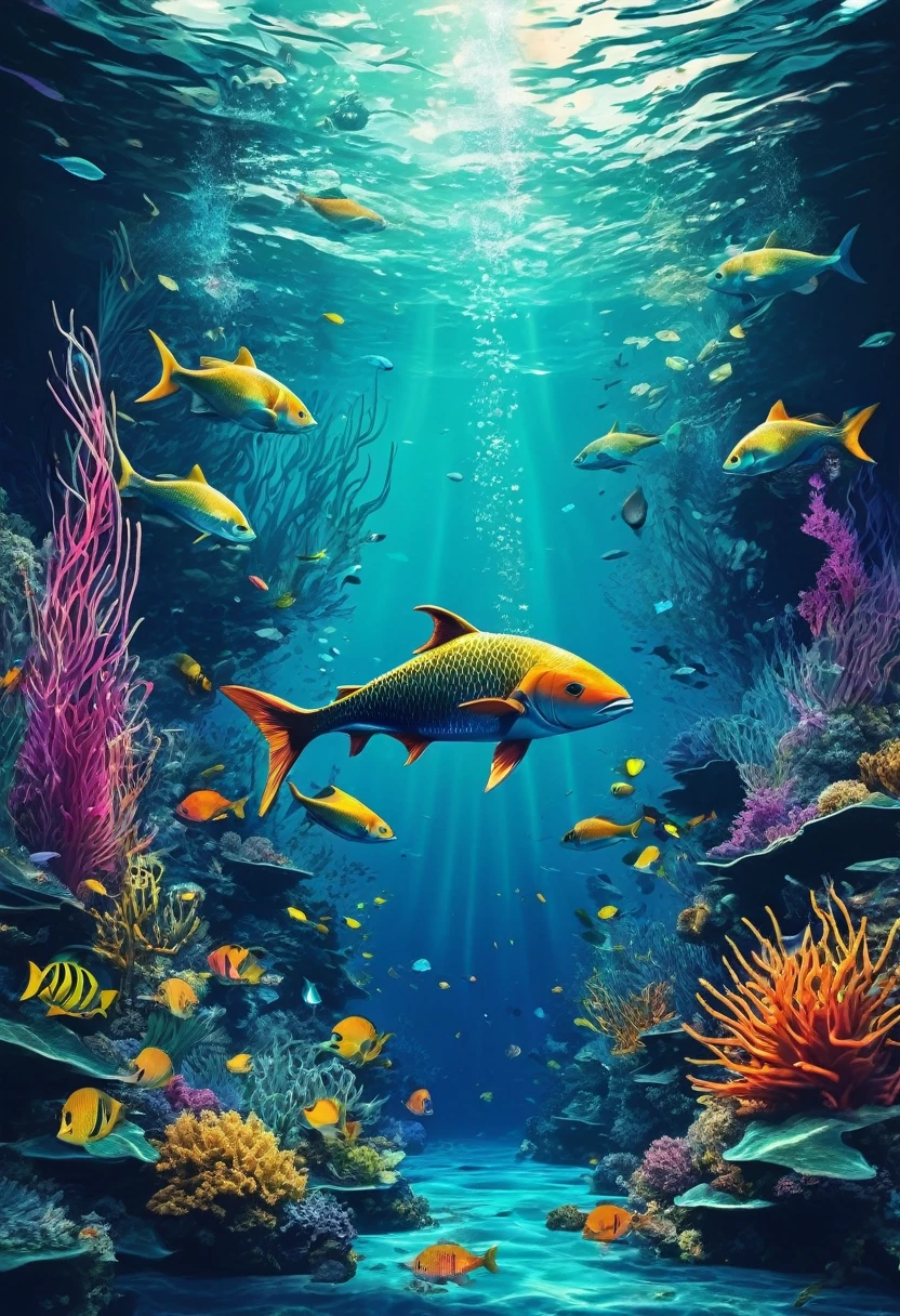 Create a series of illustrations combining vibrant underwater scenes with abstract elements of digital code and neural networks.