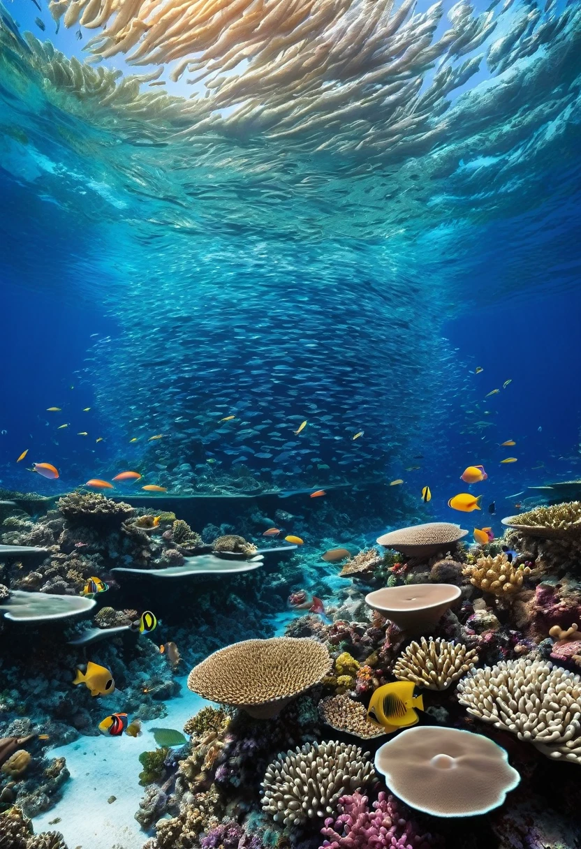 A magnificent image of a coral reef teeming with tropical fish, but with data streams that seem to intrude on the scenery.