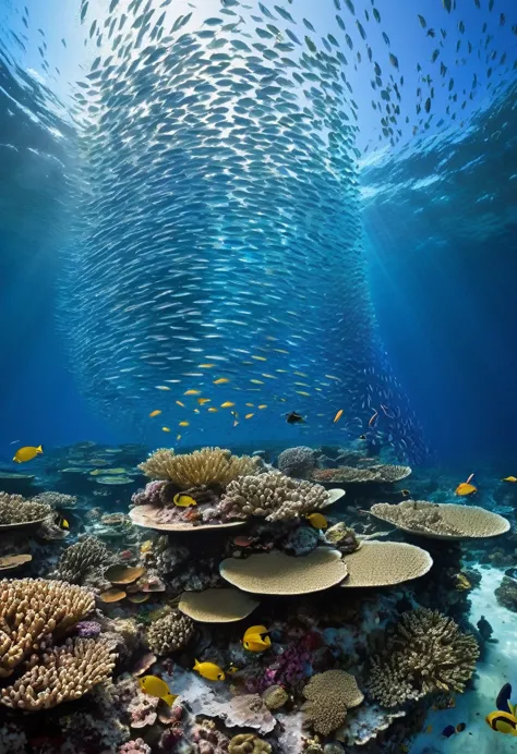 a magnificent image of a coral reef teeming with tropical fish, but with data streams that seem to intrude on the scenery.