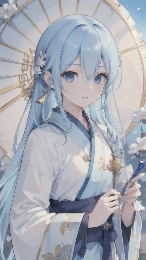 (best quality,4k,8k,highres,masterpiece:1.2),ultra-detailed,(photorealistic:1.37),beautiful detailed eyes,(detailed,ornate) blue hair,elaborately designed blue Hanfu armor,shimmering blue dagger,swallows,serene expression,delicate features,dramatic lighting,traditional Chinese garden background