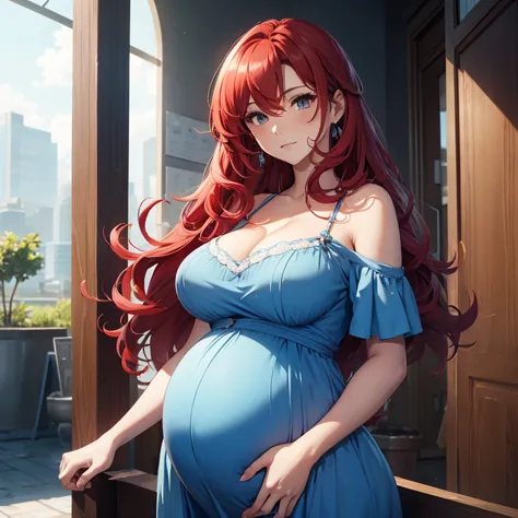 Pregnant, tight sky blue dress, curly long red hair, sexy