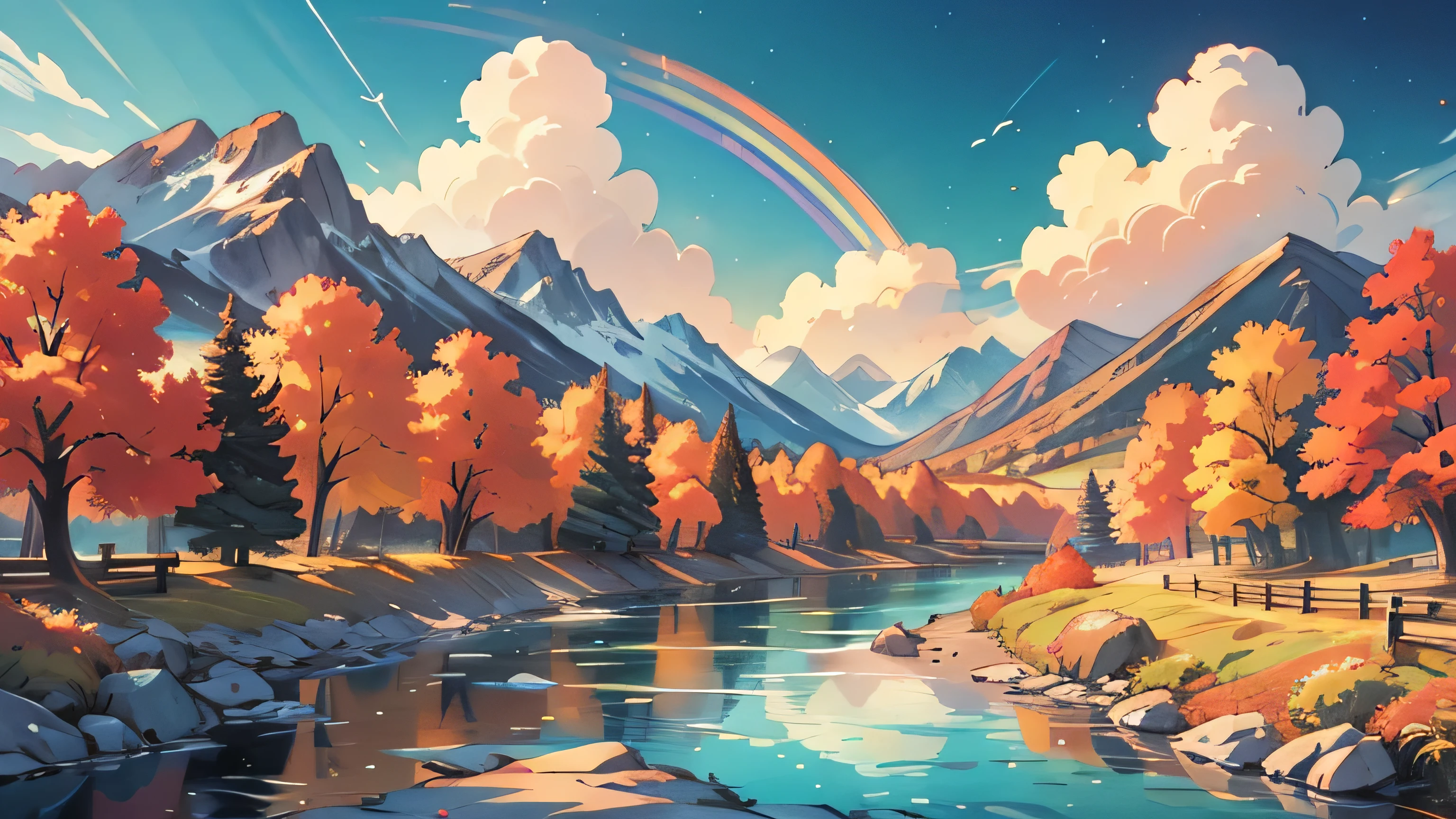 Anime-Stil, Landschaft, Berge, Fluss, Herbst, Herbst Landschaft, Schöner Himmel, Regenbogen,