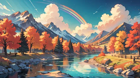 Anime style, landscape, mountains, river, autumn, autumn landscape, beautiful sky, rainbow,
