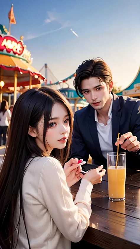 Beautiful man and woman on a date at an amusement park