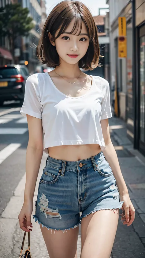 ((Center of chest, Tomboy, Small Head)), Dawn, sunlight, (Defined Abs: 1.1), (Perfect body: 1.1), (Short Wavy Hair: 1.2), Auburn Hair, Full body photo, Crowded street, ChibiＴshirt, ((Shorts)), (Very detailed CG 8k wallpaper), (Very delicate and beautiful),...